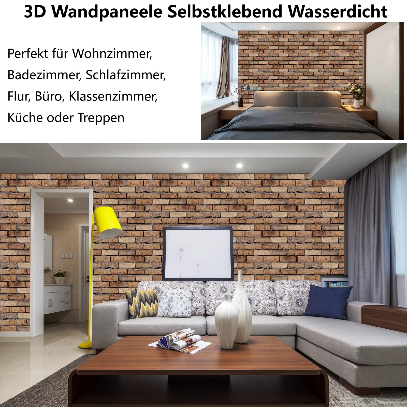 3D Wandpaneele Selbstklebend, 10 Stück Wandverkleidung Selbstklebend PVC Wandaufkleber Wasserdicht Wandtapete, 30x 30cm Wall Panel für Wohnzimmer,Schlafzimmer,Küche,Wandverkleidung (Roter Ziegelstein)