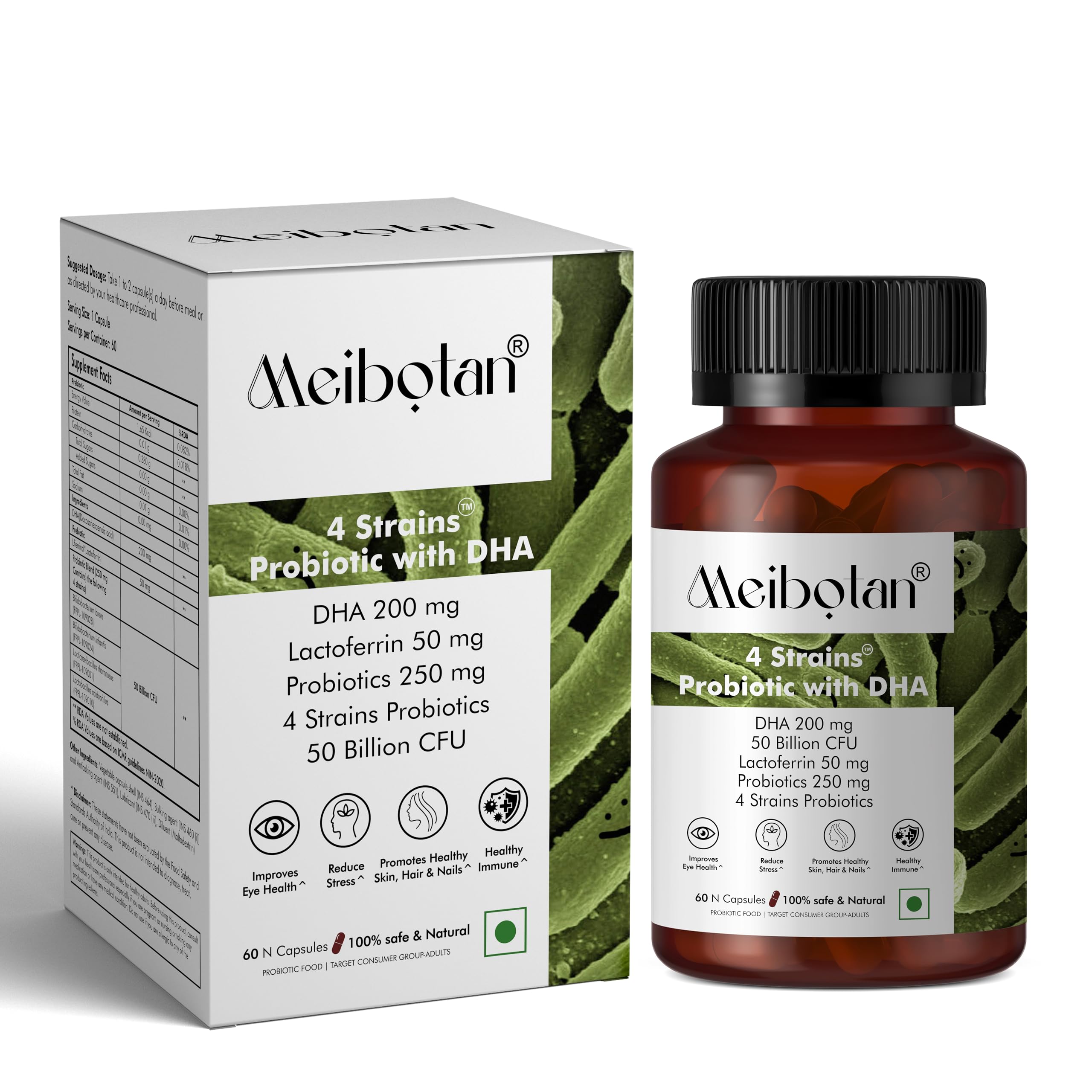 MEIBOTAN 4 Strains Probiotic with DHA 200mg & Lactoferrin 50mg | 50 Billion CFU | Gut Health, Immunity, Skin & Eye Support |60 Veg Capsules for All Age