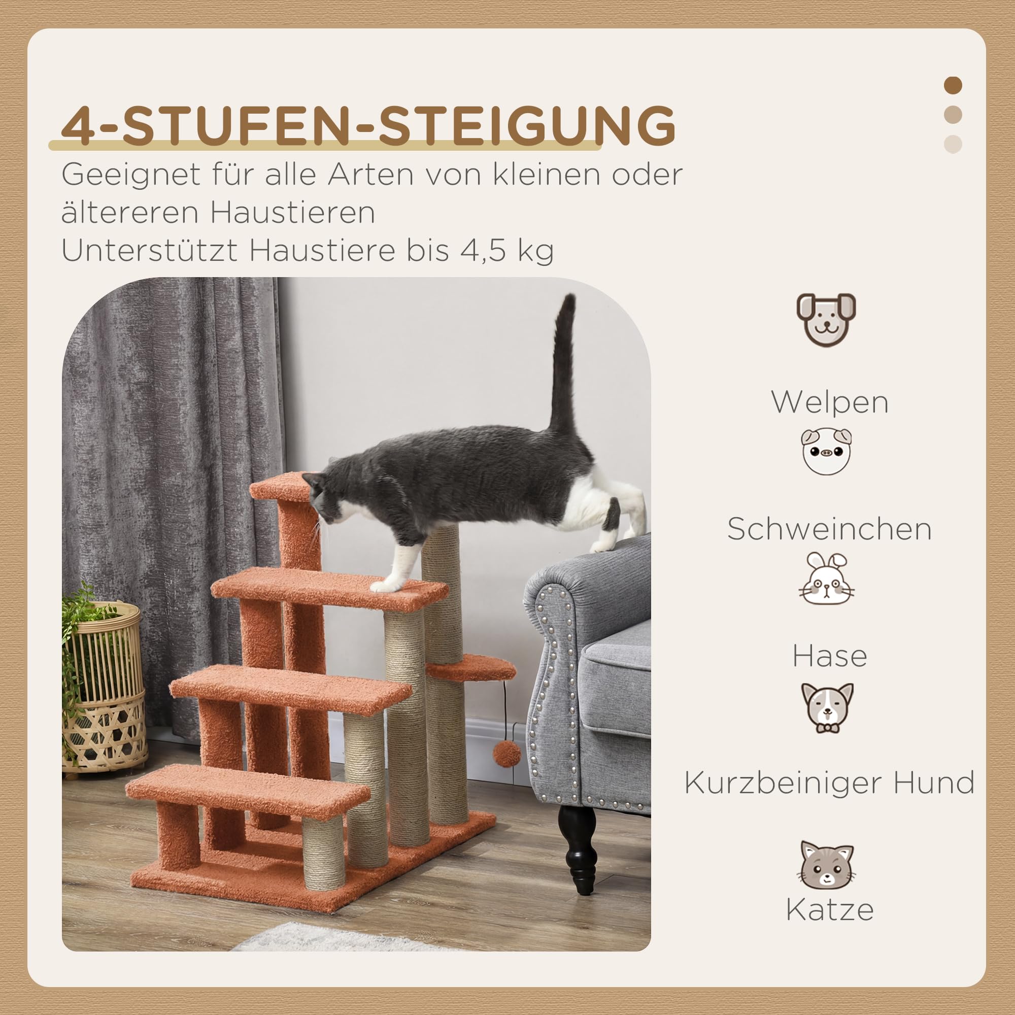 PawHut Escalier pour chats avec griffoir Escalier pour animaux domestiques à 4 marches avec balle de jeu Escalier pour chiens Escalier pour animaux pour chats jusqu'à 5 kg, peluche Jute Marron 60 x 40