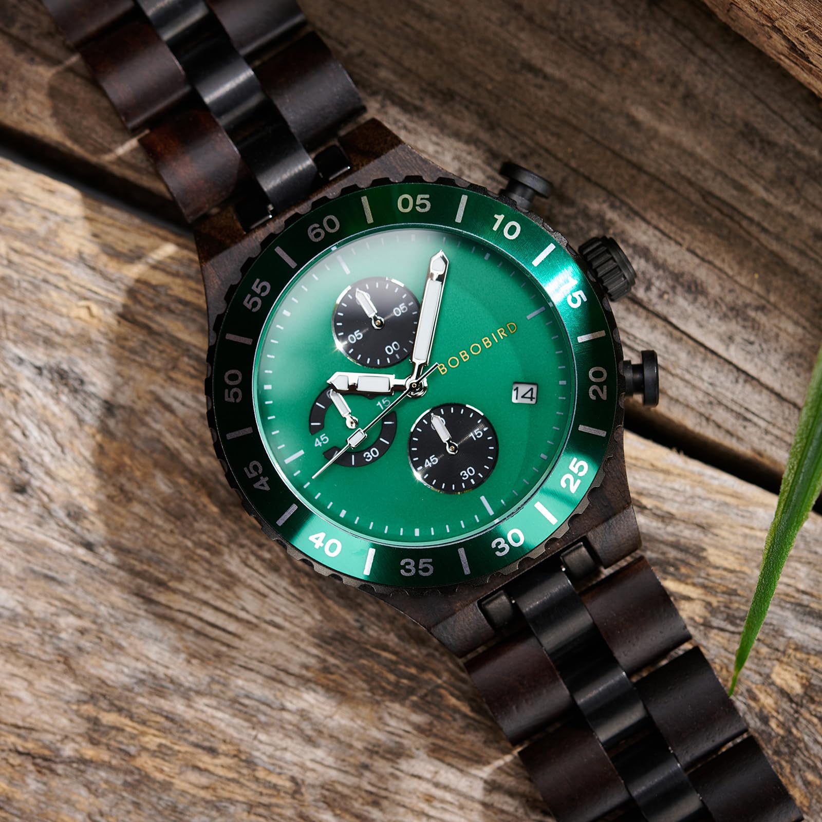 2win Relojes de madera personalizados para hombre, movimiento japonés, ébano, verde, multifunción, para cumpleaños, aniversario, para él, marido, novio, con caja de regalo