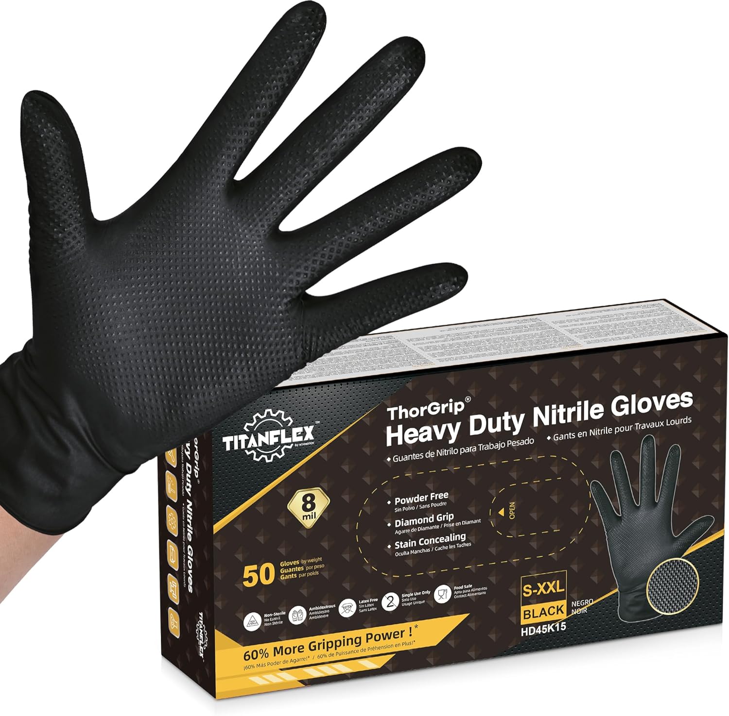 TitanFlex Thor Grip Heavy Duty Black Industrial Nitrile Gloves with Raised Diamond Texture, 8-mil, Latex Free (Small (Pack of 50)) Thumbnail