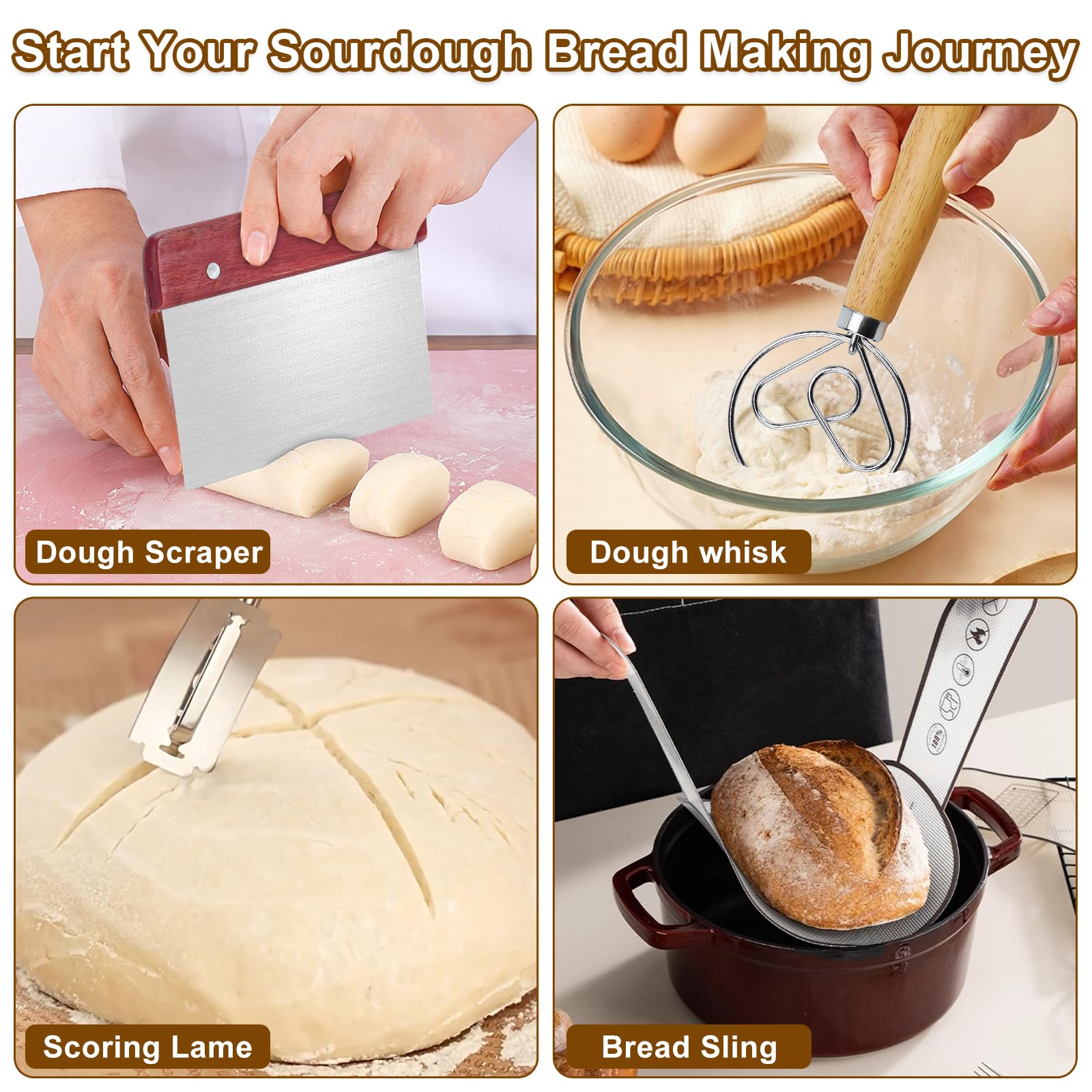 Lot de 12 Kit Complet de Levain avec 2 Paniers de Pousse | Comprend 2 Paniers Ovale 25cm et Rond 23cm, Toile Silicone, Pot à Levain, Mélangeur à Pâte, Raclette, Corne