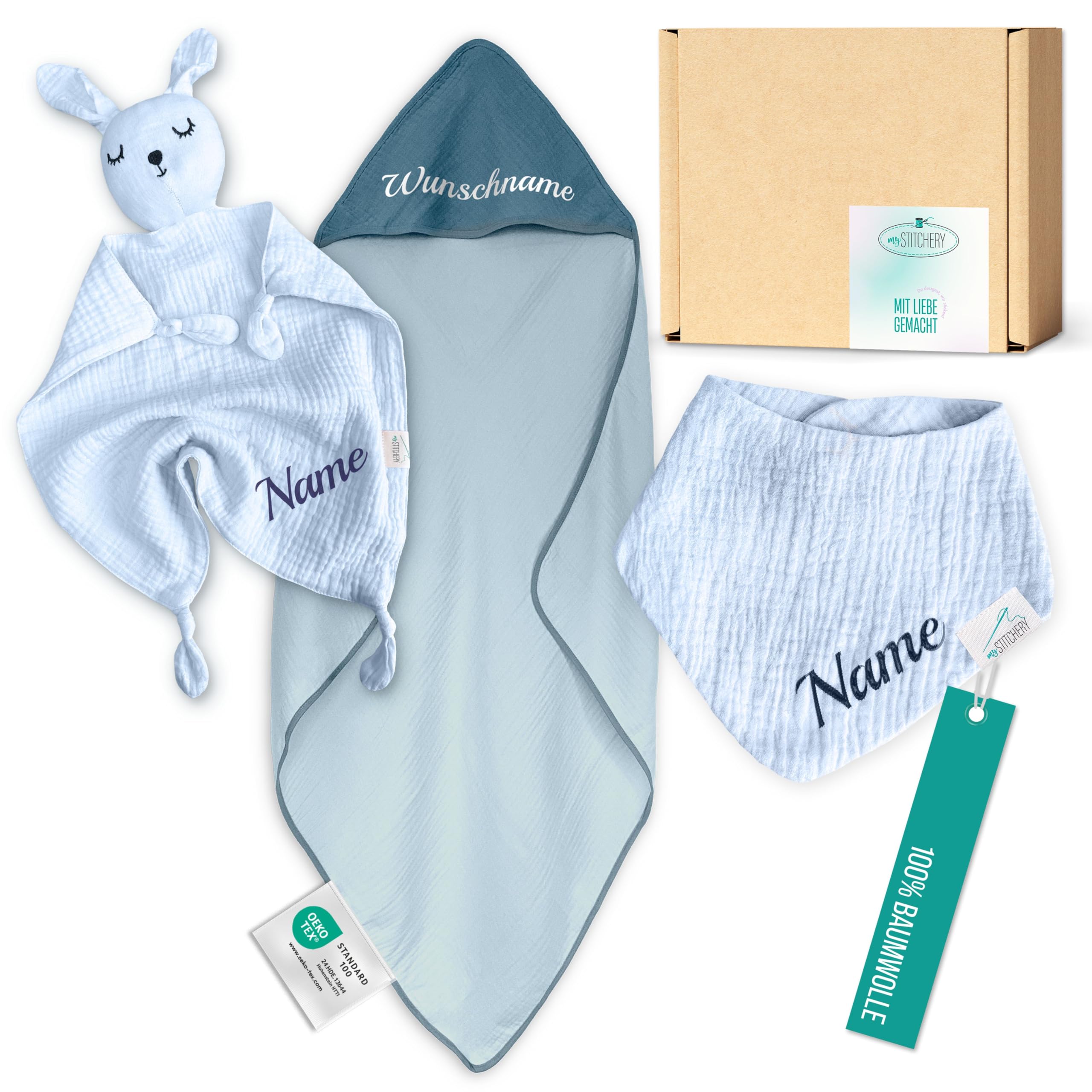 Newborn - Set regalo personalizzato per neonati in morbida mussola (azzurro, personalizzato) con nome ricamato, Oeko-TEX® Standard 100, 3 pezzi