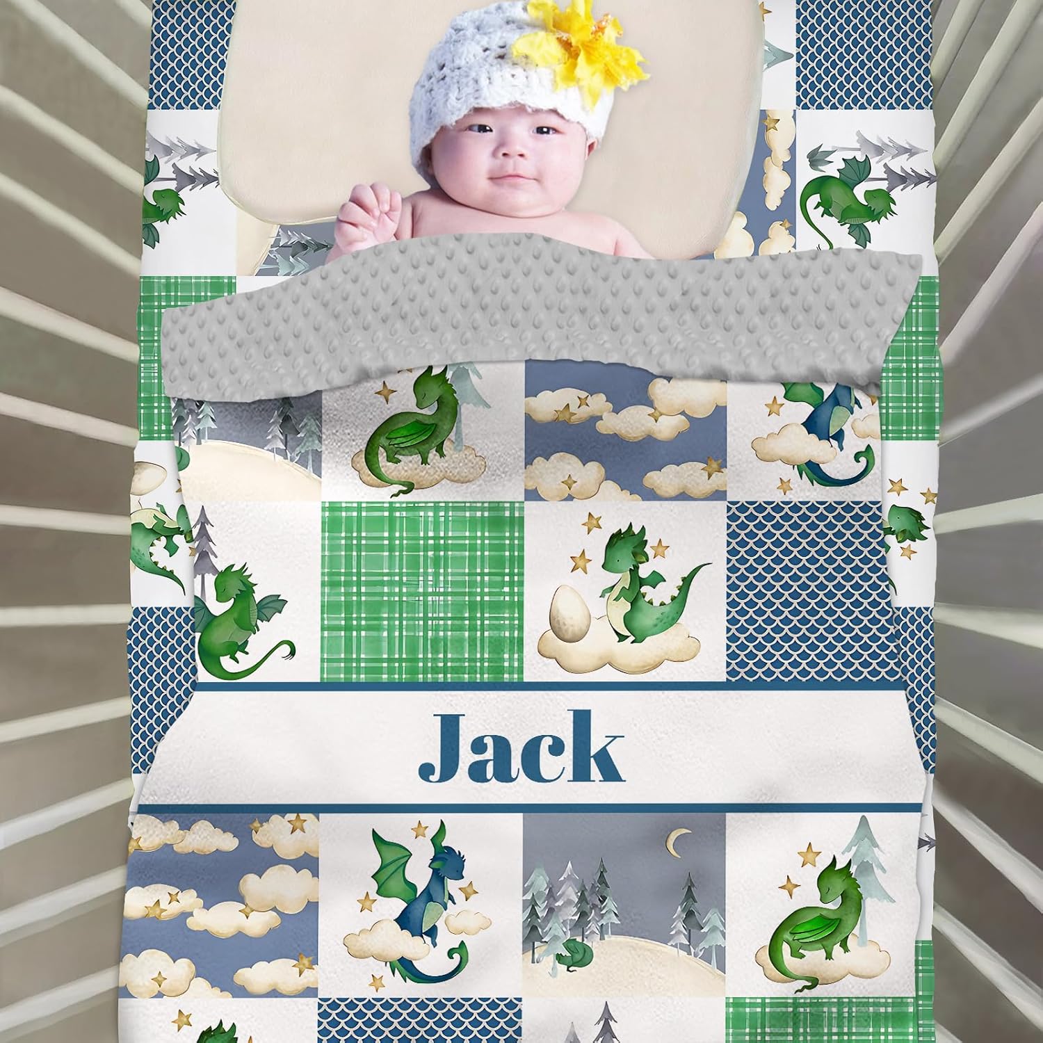 Personalized Baby Crib Bedding Sets for Boy Girl, Custom Crib Bedding Set with Name, Cute Dragon Green Nursery Bedding, 2 Piece Crib Bedding Sets, Name Crib Comforter, Crib Fitted Sheets for Babies
