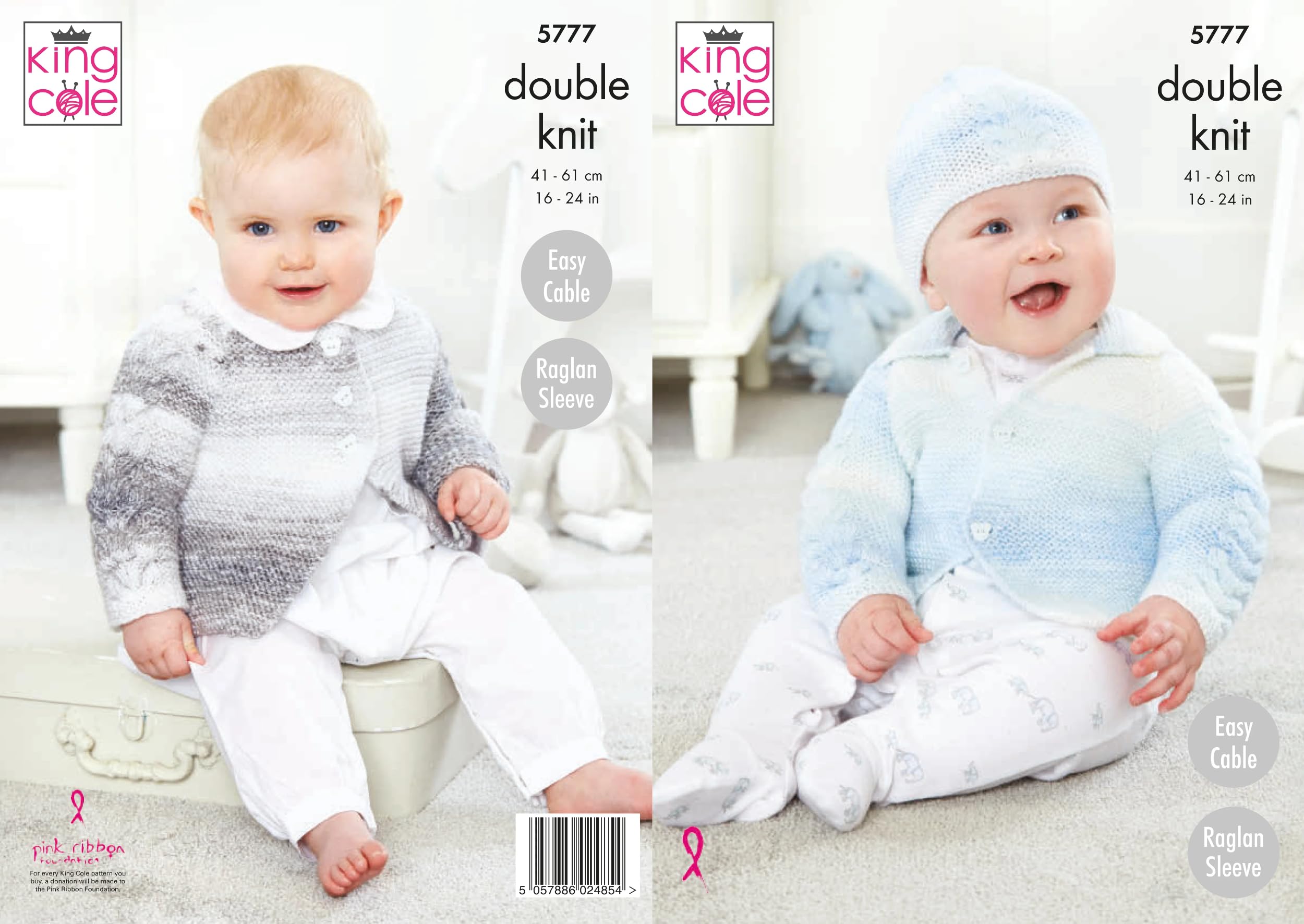 King Cole Baby DK Knitting Pattern Round Neck or Collar Cable Cardigan Hat 5777