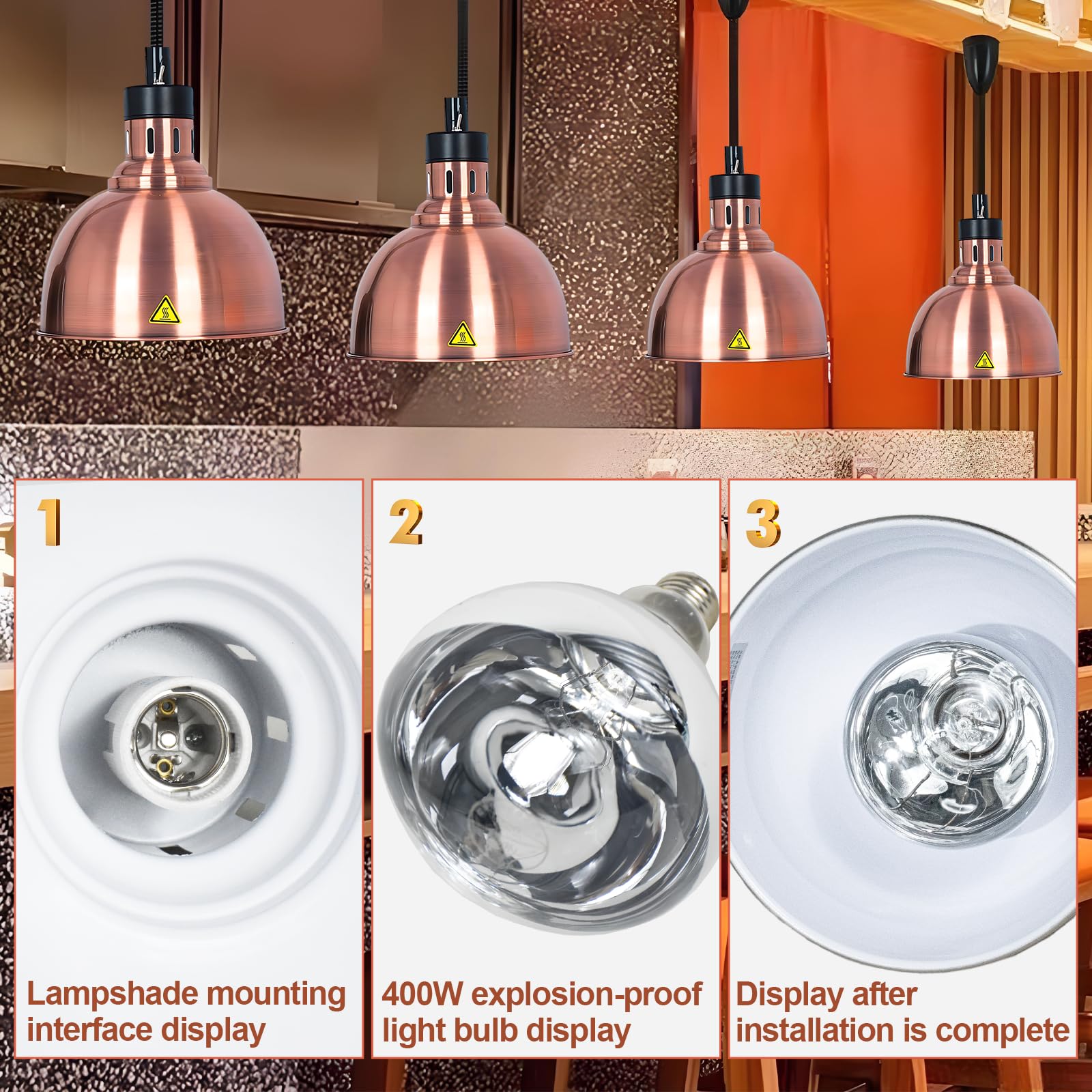 Lampade Riscaldanti Cucina, Lampada Riscaldante per Alimenti Regolabile, Sospeso Lampada Scaldavivande Ristorante, 250W Lampade Scaldavivande Cucina, Ristoranti, Hotel(B-25cm,3 Pezzi)
