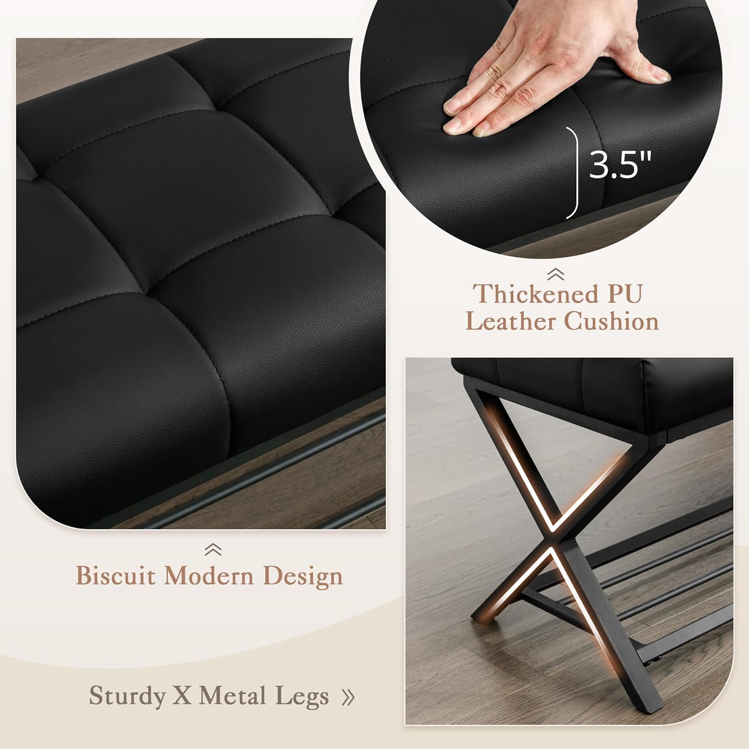 Close-up image of the bench's thickened PU leather cushion with biscuit tufting and sturdy X-shaped metal legs.