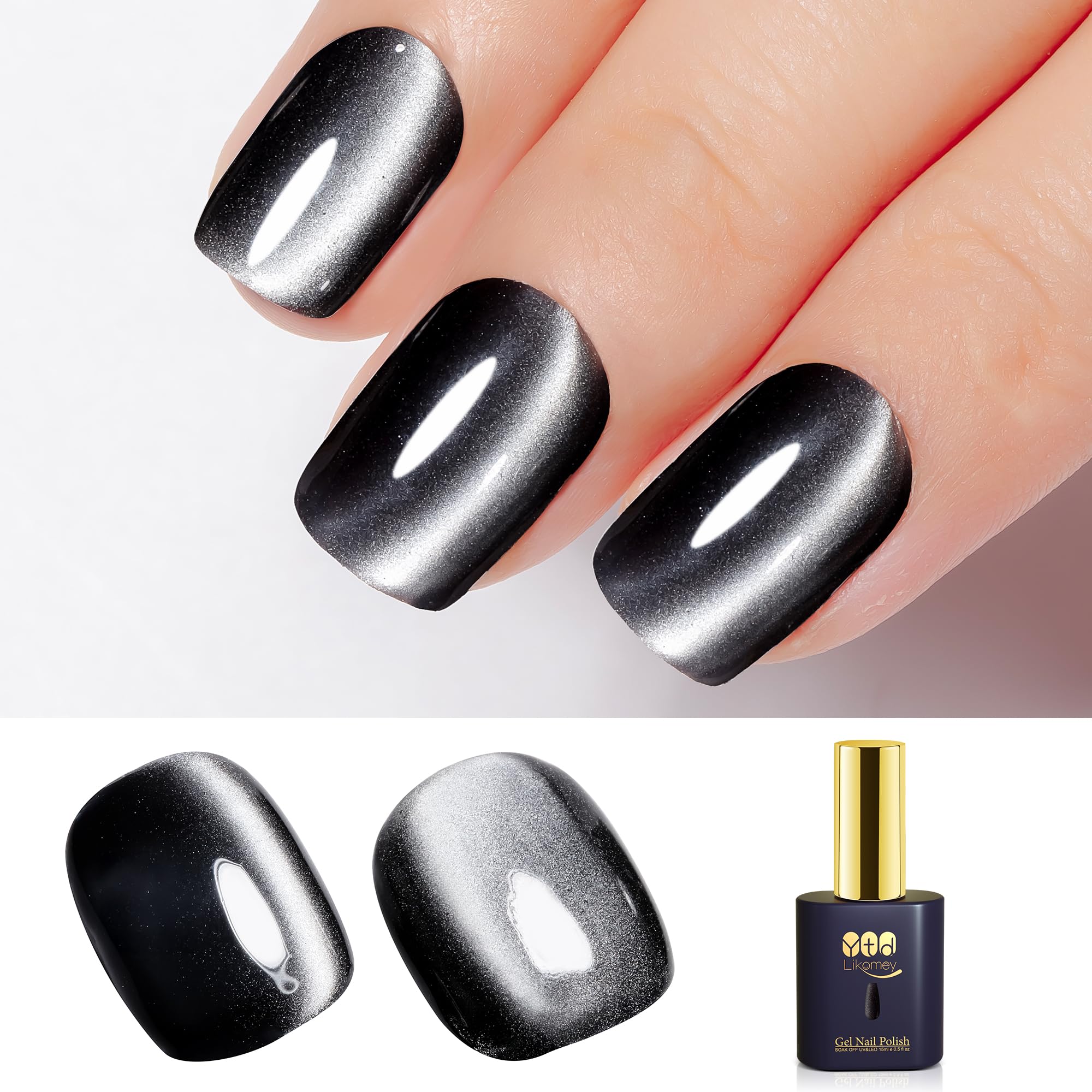YTD Likomey Cat Eye Gel Nail Polish,Silk Glass 15ml Black Magnetic Shimmer Glitter Moonlight Jelly Shiny Salon Home Fall Winter UV Color Vernis with Magnet Stick,HEMA Free TPO Free,MY501