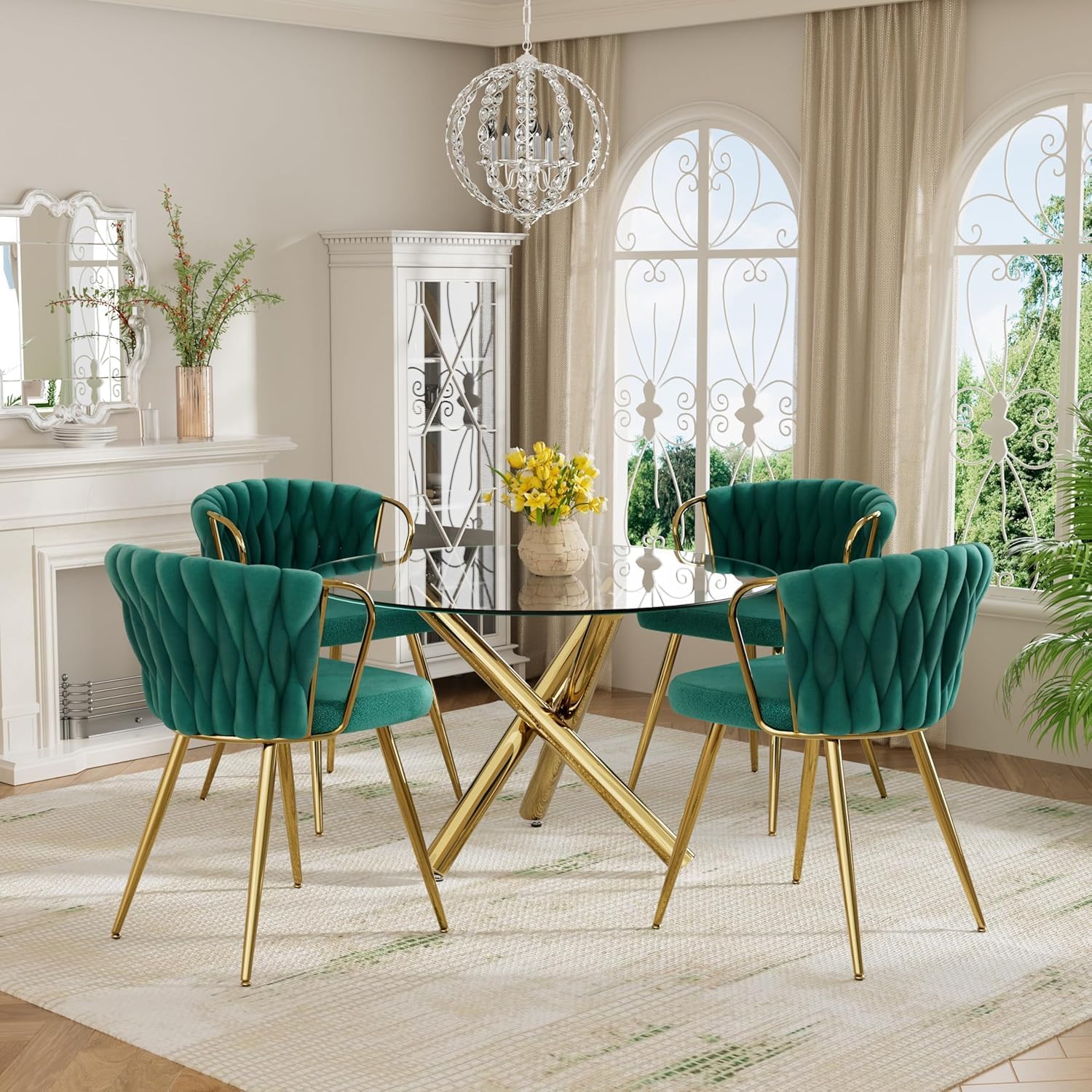 39'' Round Glass Dining Table Set for 4, 5-Piece Modern Dining Room Table Set, Circle Kitchen Table Set with 4 Green Velvet Dining Chairs for Dining Room Cafe & Apartment, Gold Base