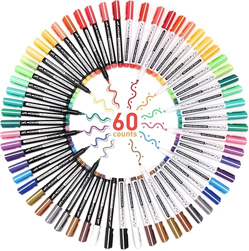 SELEAD 60 marcadores de tela de colores permanentes para ropa, juego de bolígrafos de pintura acrílica con pincel y puntas redondas, marcador