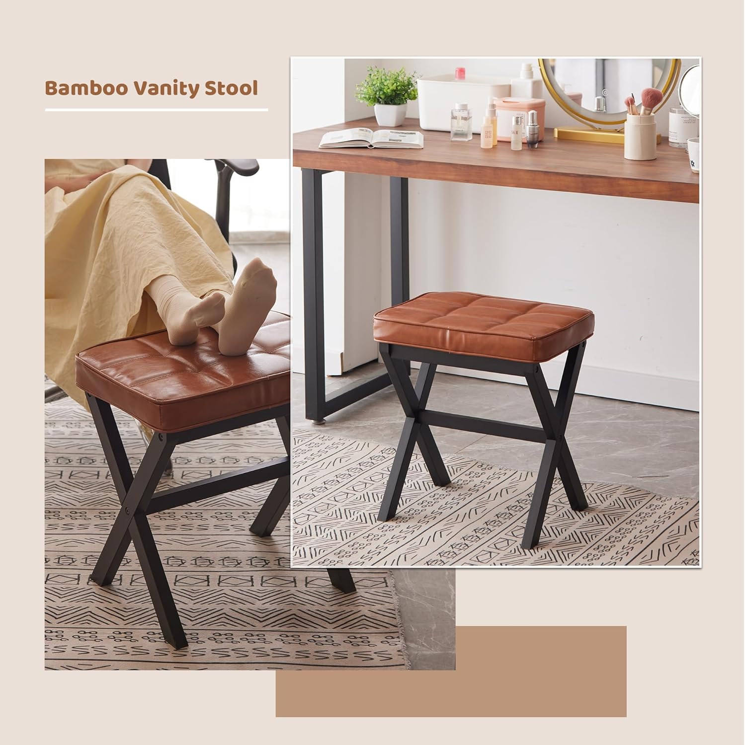 FILWH Foot Stool Small Ottoman Foot Rest Padded Foot Stool Desk for Under Office Desk Vanity Stool Bamboo Footstool Sofa Footrest Shoe Stool Small Foot Stools (Black Legs + Reddish Brown)