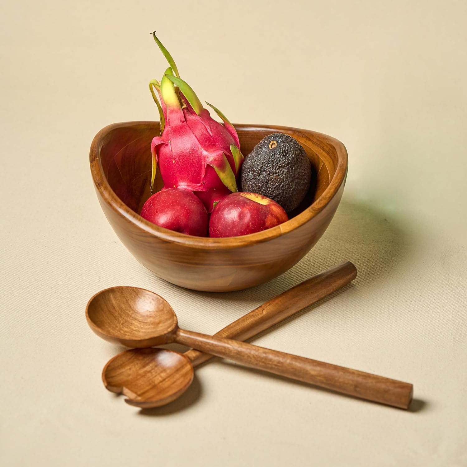 Wood Salad Bowl Set with Servers Handcrafted Mixing and Serving Bowl Rustic Boho Kitchen Bowl Set Home Decor