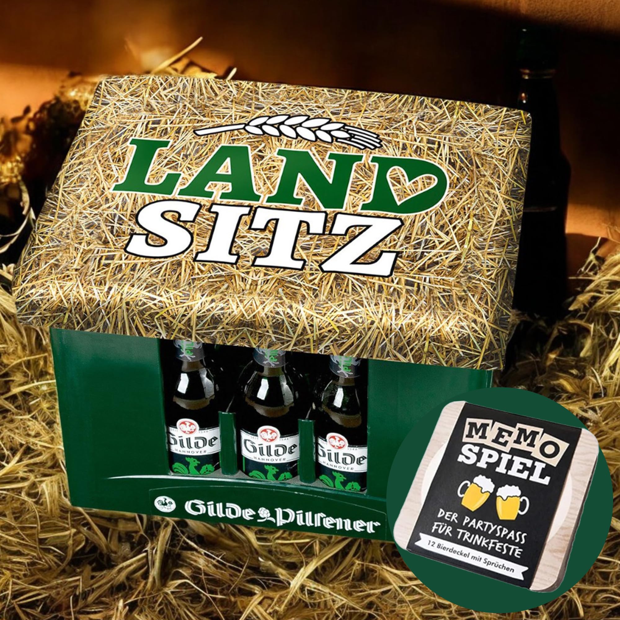 CULT at home Bierkasten Aufsatz Landsitz - Bierkastensitz inkl. Bierdeckel Memospiel - Sitzauflage für Bierkiste Getränkekiste - Hocker Gartenhocker für Balkon u. Camping Geschenkideen zum Vatertag