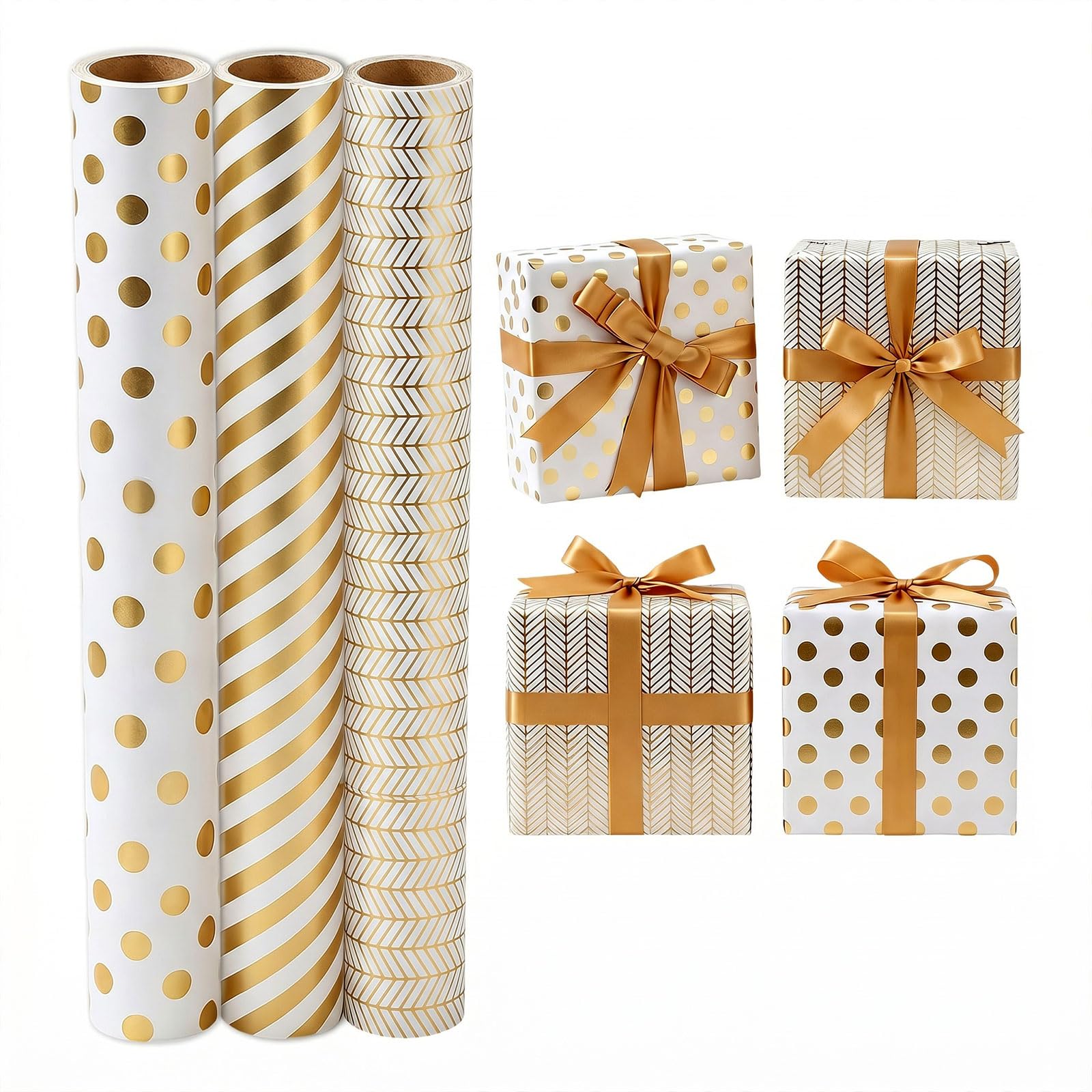 43cm×3m Gift Wrapping Paper, 3 Rolls White Wrap Paper Roll with Gold