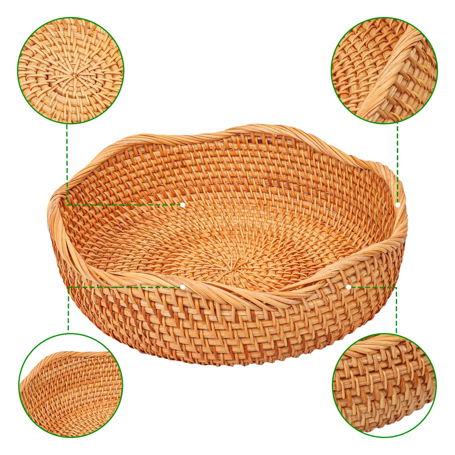 Cestas de pan de ratán hechas a mano, auténticas cestas de servir tejidas a mano para cocina, cuencos redondos de almacenamiento de frutas, elegante organizador de encimera de cocina para
