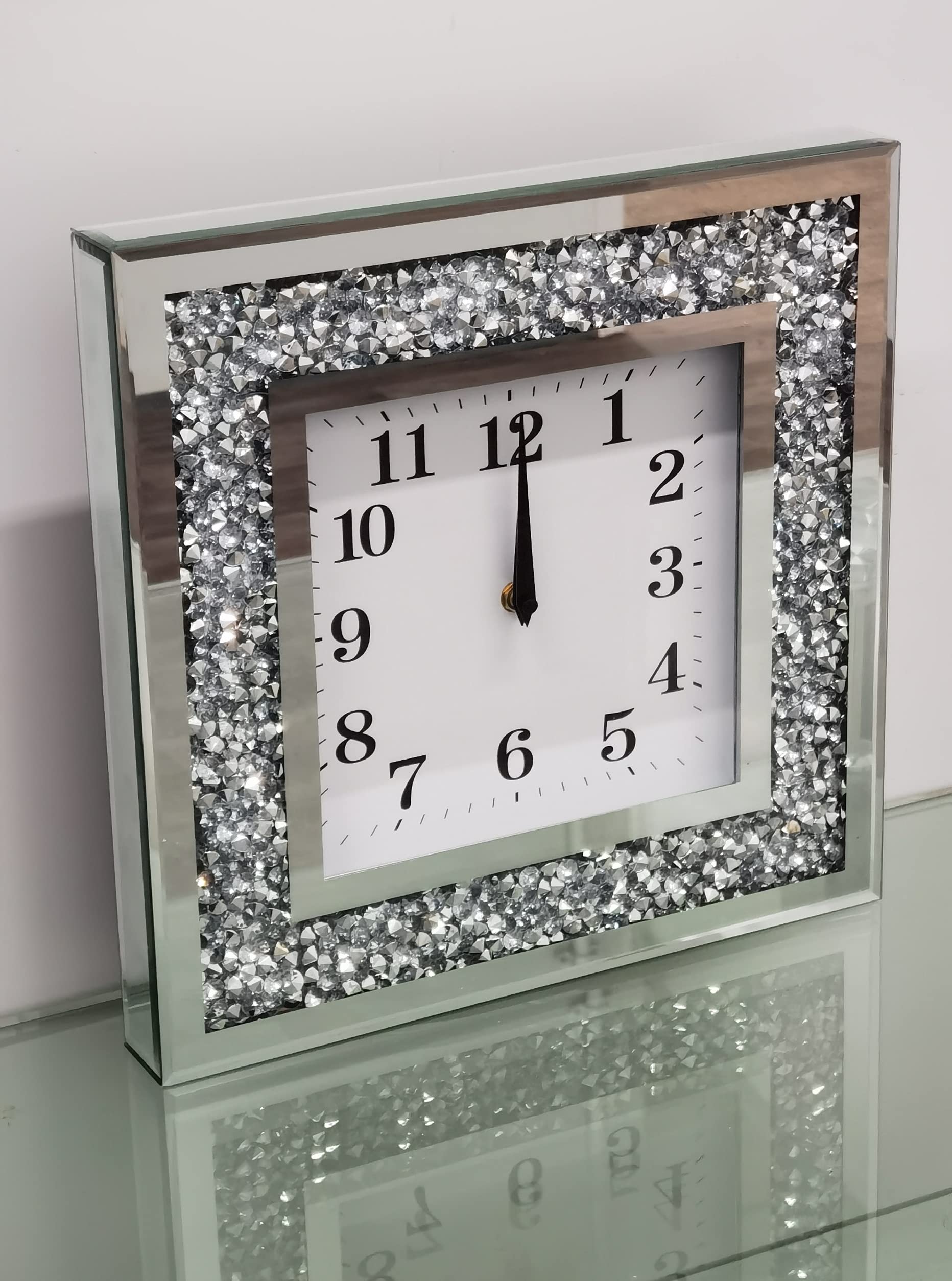 Biznest Silver 35X35cm New English Number Wall Clock Square Crushed Diamante Diamond Crystal Mirror Small