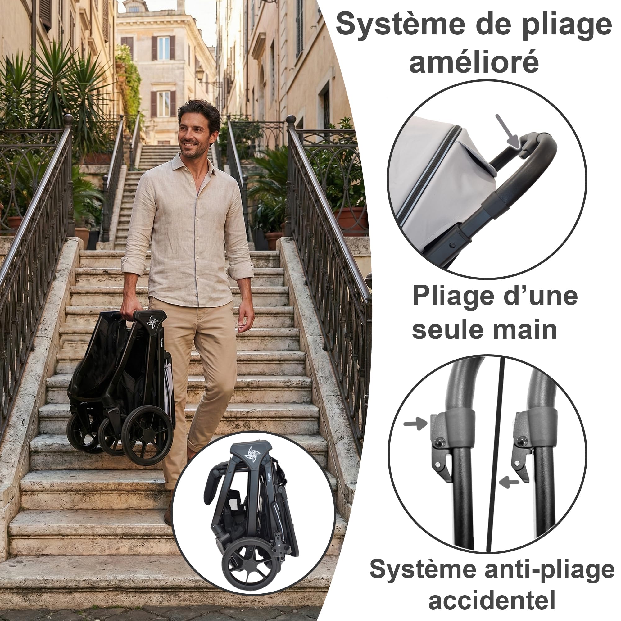 Poussette Canne Compacte et Légère jusqu'à 25kg Dès la Naissance Siège Large Capote XXL UPF-50 Pliage d'une Main Grandes Roues Noir
