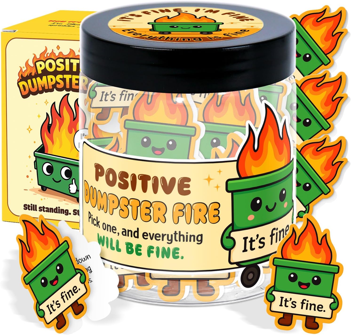 Emotional Support Dumpster Fire Affirmation Jar for Women, Teens, Coworkers, Employees – Funny Christmas Stress Relief Gift – 60 Positive Cards – Office Humor, Self-Care, Stocking Stuffer
