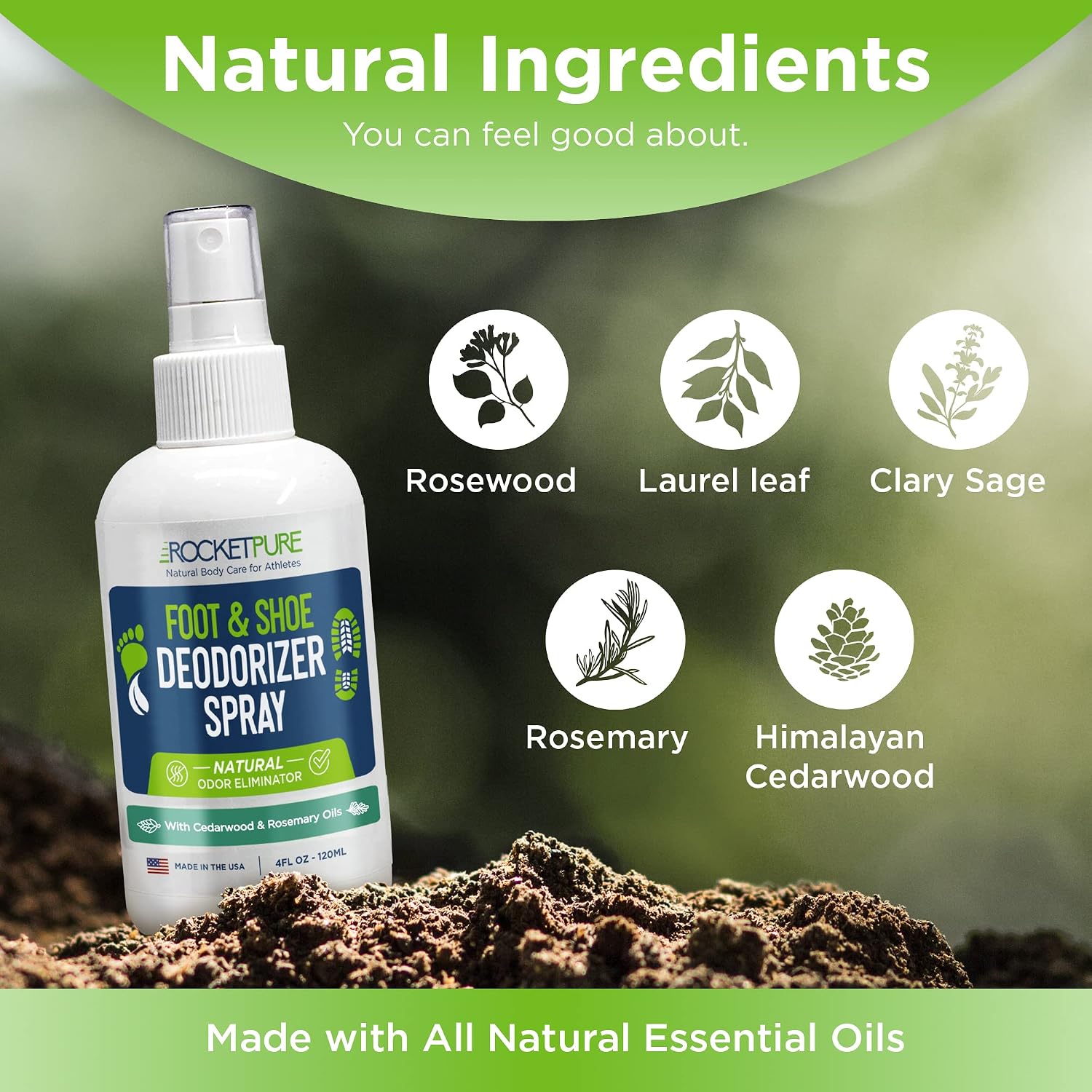 Rocket Pure Natural Shoe Deodorizer Spray & Foot Spray Odor Eliminator Spray - Shoe Odor Eliminator, Shoe Spray Deodorizer, Shoe Smell Eliminator, Shoe Freshener (Cedar, 4oz)
