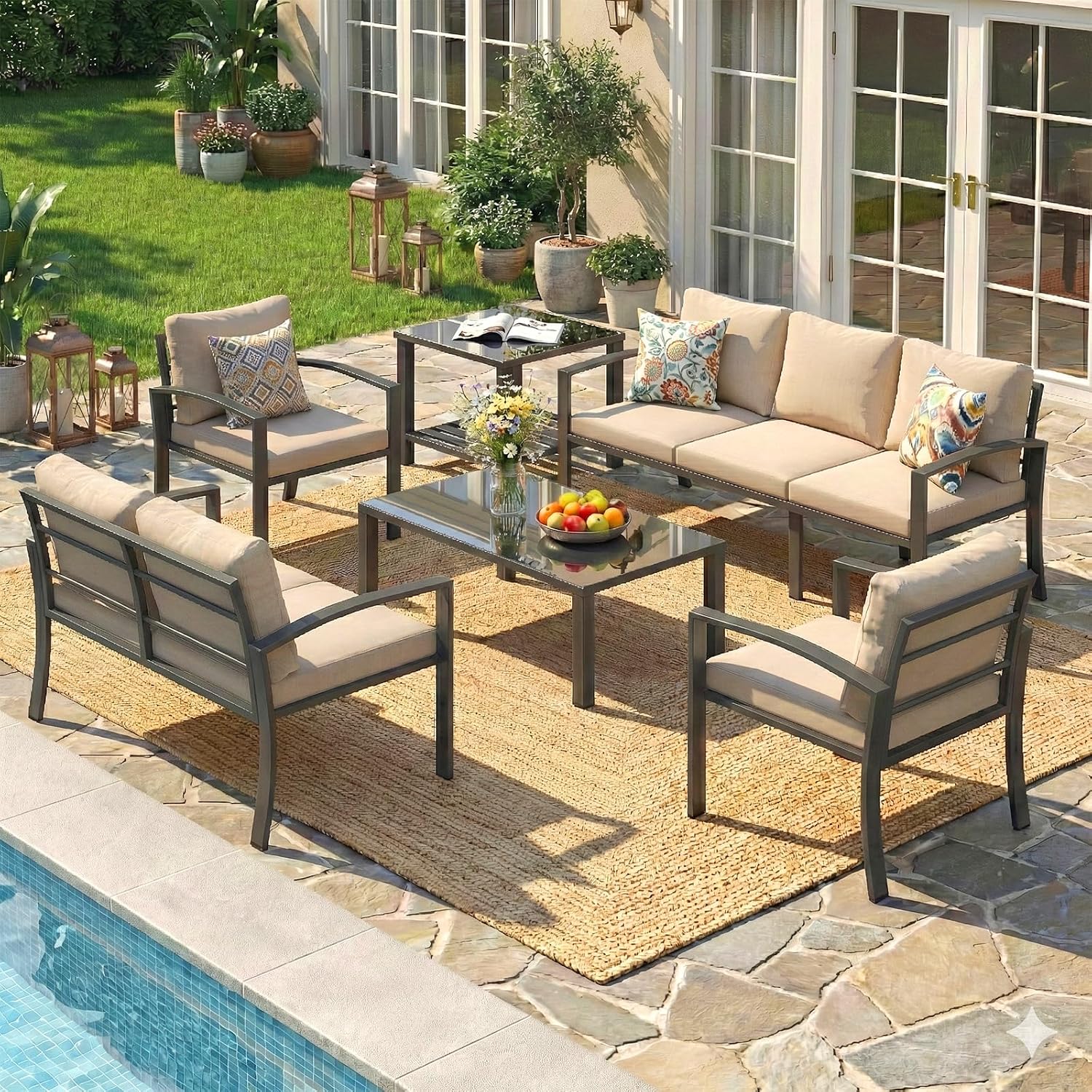 U-MAX Aluminum Patio Furniture Set 7 Seats, Modern Outdoor Furniture Clearance with Coffee Table & Side Table, Metal Patio Conversation Sets with Deep Cushions for Lawn, Garden, Porch, Beige