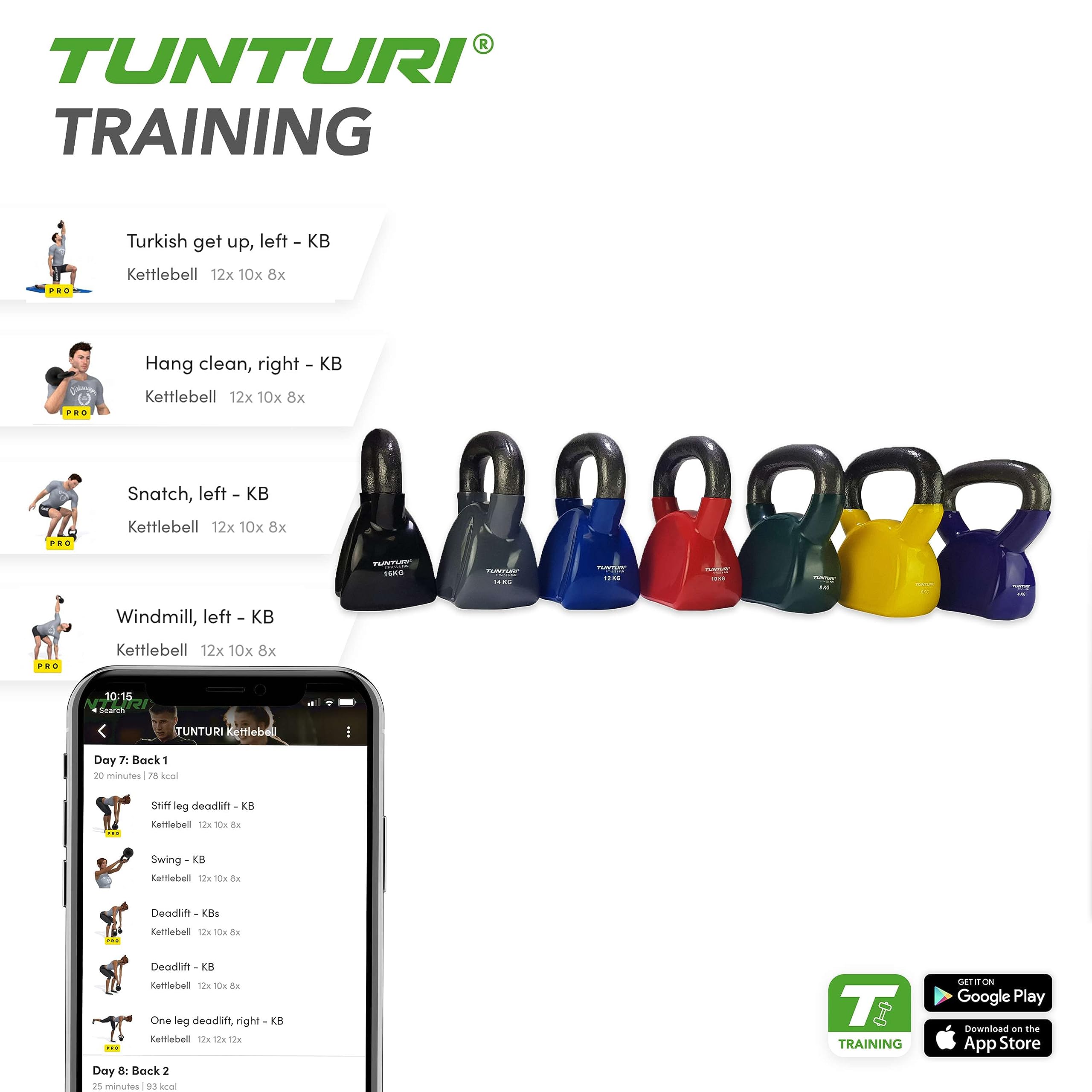 Tunturi Kugelhantel mit 10 kg in Gusseisen mit Vinyl, farbige Kettlebell