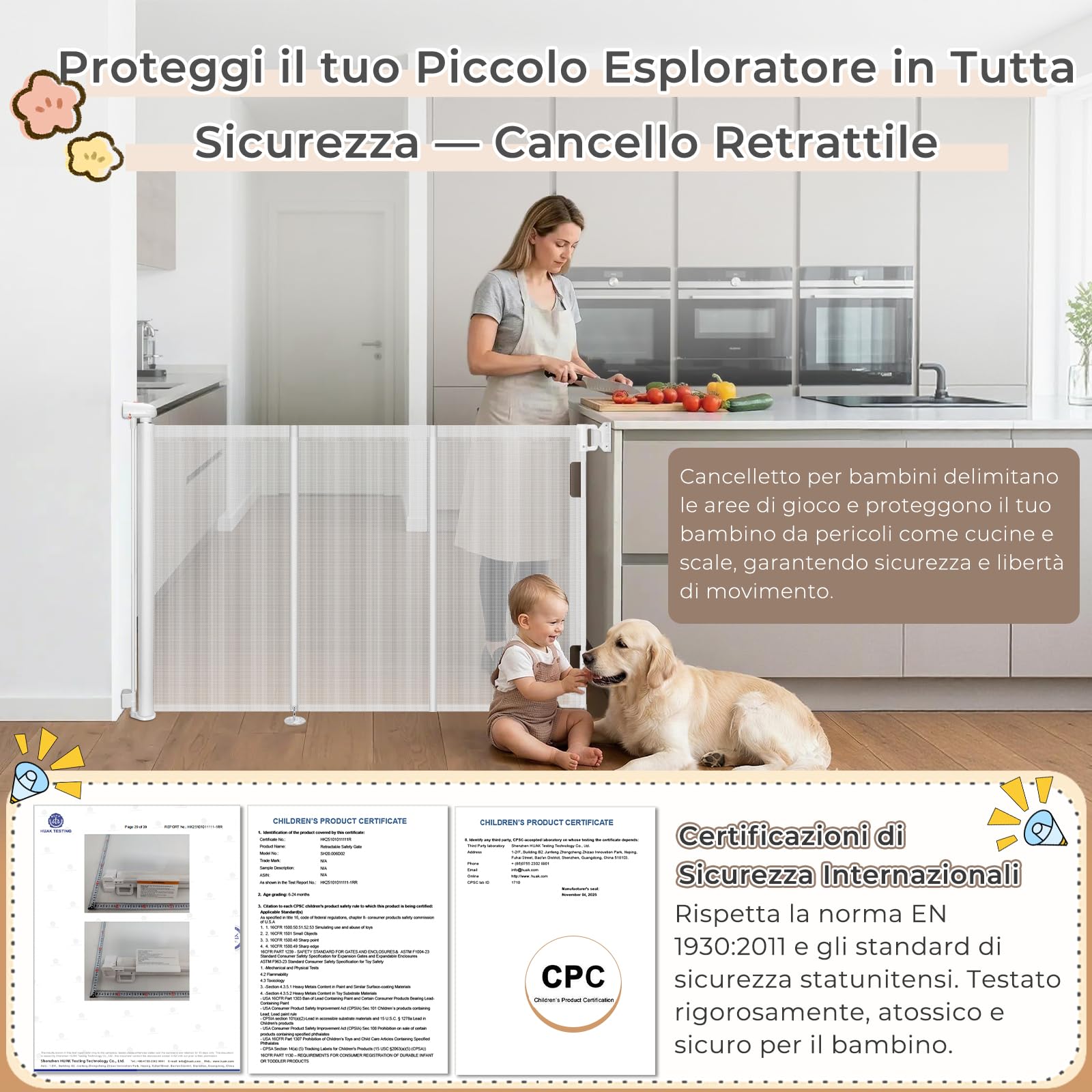 Ycozy Cancelletto per Bambini Scale Senza Foratura 0-200cm Cancelletto per Cani con Barra di Supporto，Retrattile Cancello Bambini Adatto per Scale Interni Esterni