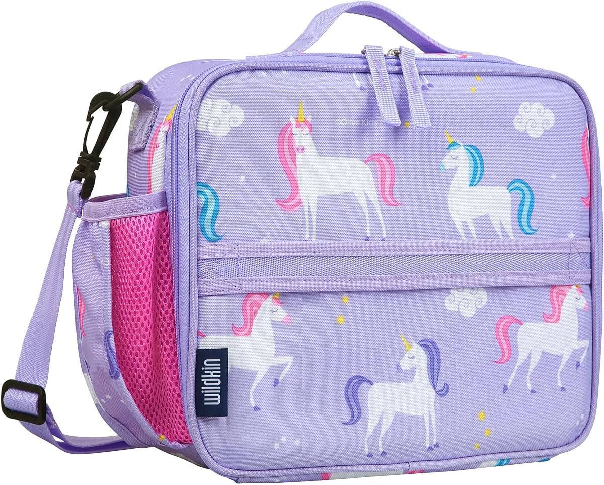 Wildkin Kids Fiambrera aislada ECO rPET – Mantiene la comida caliente o fría, forro fácil de limpiar, bolsillos de malla y sin BPA – Niños y niñas, ideal para la escuela, viajes y guardería – Unicornio