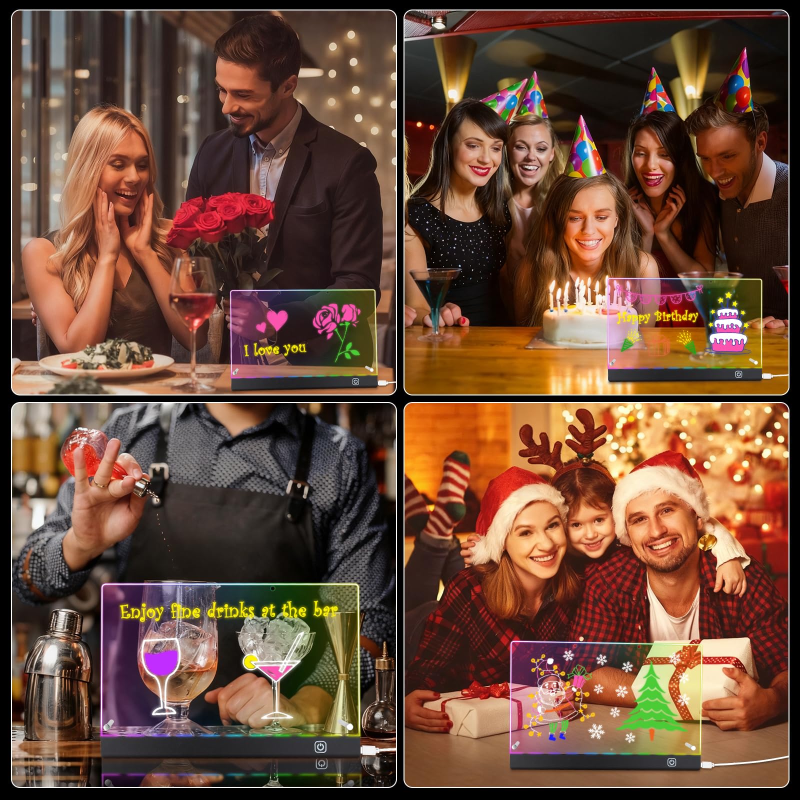 Pizarra LED Acrílica Borrable 32x21cm con 7 Bolígrafos Neón Tablero de Notas LED Iluminado con Soporte de Metal Regalo Creativo para Casa Oficina Niños