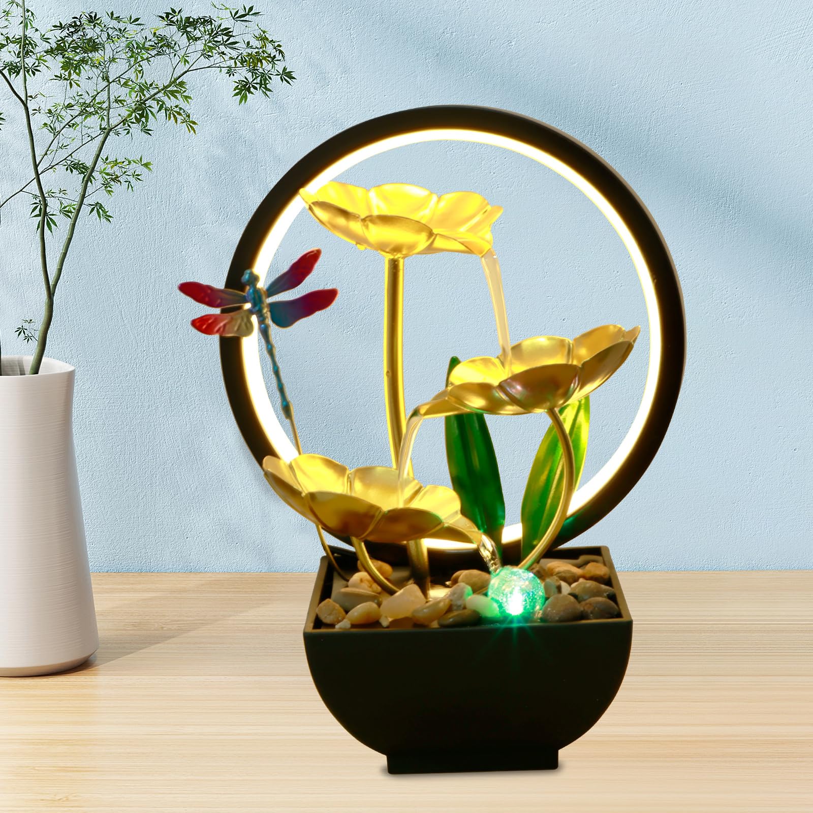 Tabletop Water Fountain, 3-Tiers Leaf Small Desktop Waterfall Fountains, USB Powered Tabletop Fountain with Natural Rocks and LED Lights, Indoor Humidifier for Office (Dragonfly)