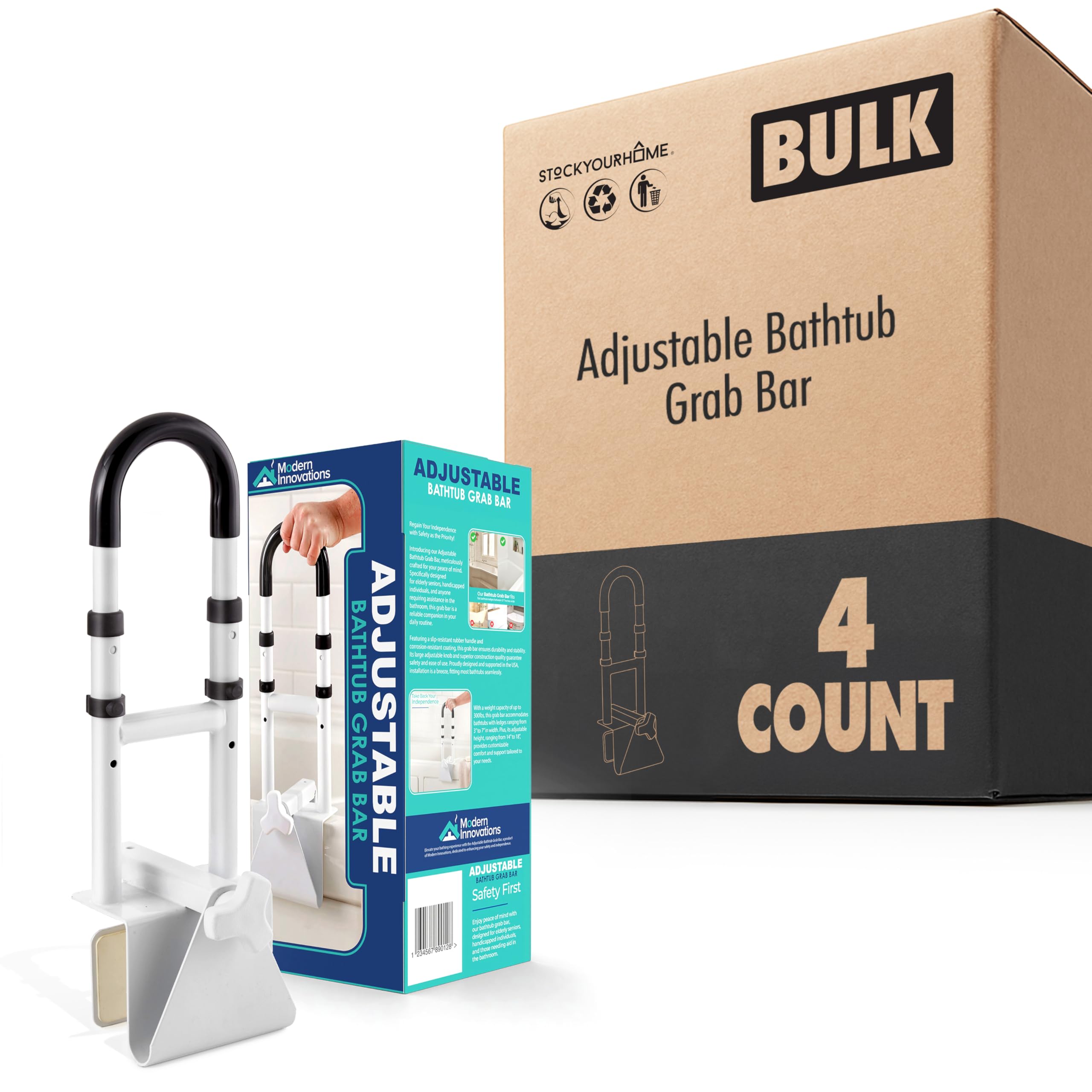 Adjustable Bathtub Grab Bar 4 Pack Safety Bath and Shower Rail for Seniors Adjustable Handles by Modern Innovations – 2 Count Pack of 2, Stainless Steel, White, Model MI-1420-Case