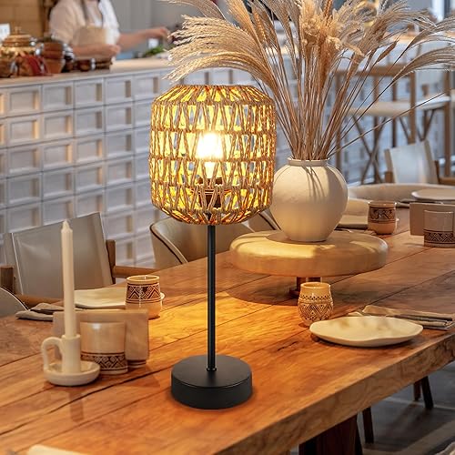 Miniatura 6 de N02 Rustic Rattan Table Lamp with Handmade Woven Shade, Dimmable Vintage Bedside Lamp Touch Control, Boho Farmhouse Nightstand Lamp with USB Port