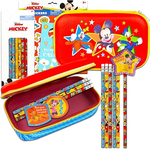 Mickey Mouse Juego de suministros escolares – Paquete de papelería de Disney con estuche de Mickey Pencils, lápices de Mickey, adornos para lápices,
