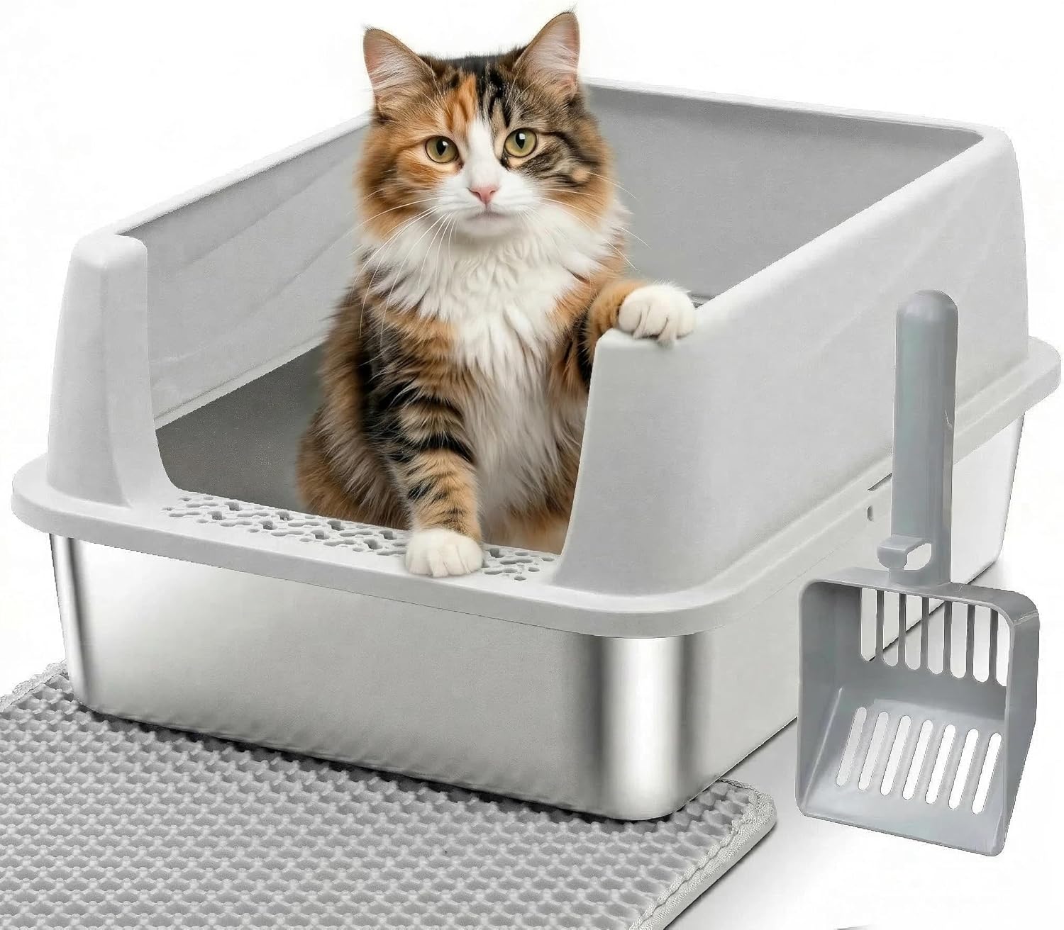 Stainless Steel Cat Litter Box, Metal Kitty Litter Box with High Sides Lid for Kittens, Small or Medium Cats, Open Top Low Entry Litter Pan Include Scoop and Mat, Anti-Urine Leakage, Easy Cleaning, M