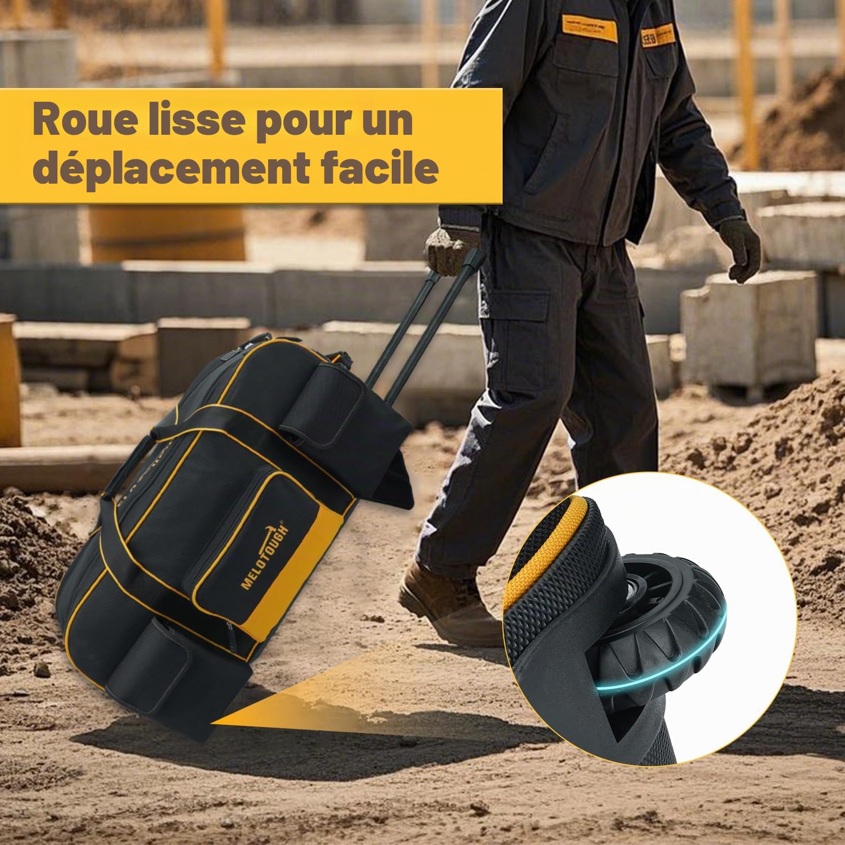 MELOTOUGH Sac à outils roulant avec roulettes, sac à outils de grande capacité avec poignée télescopique dissimulée pour électricien, construction, CVC, technicien (jaune/noir)