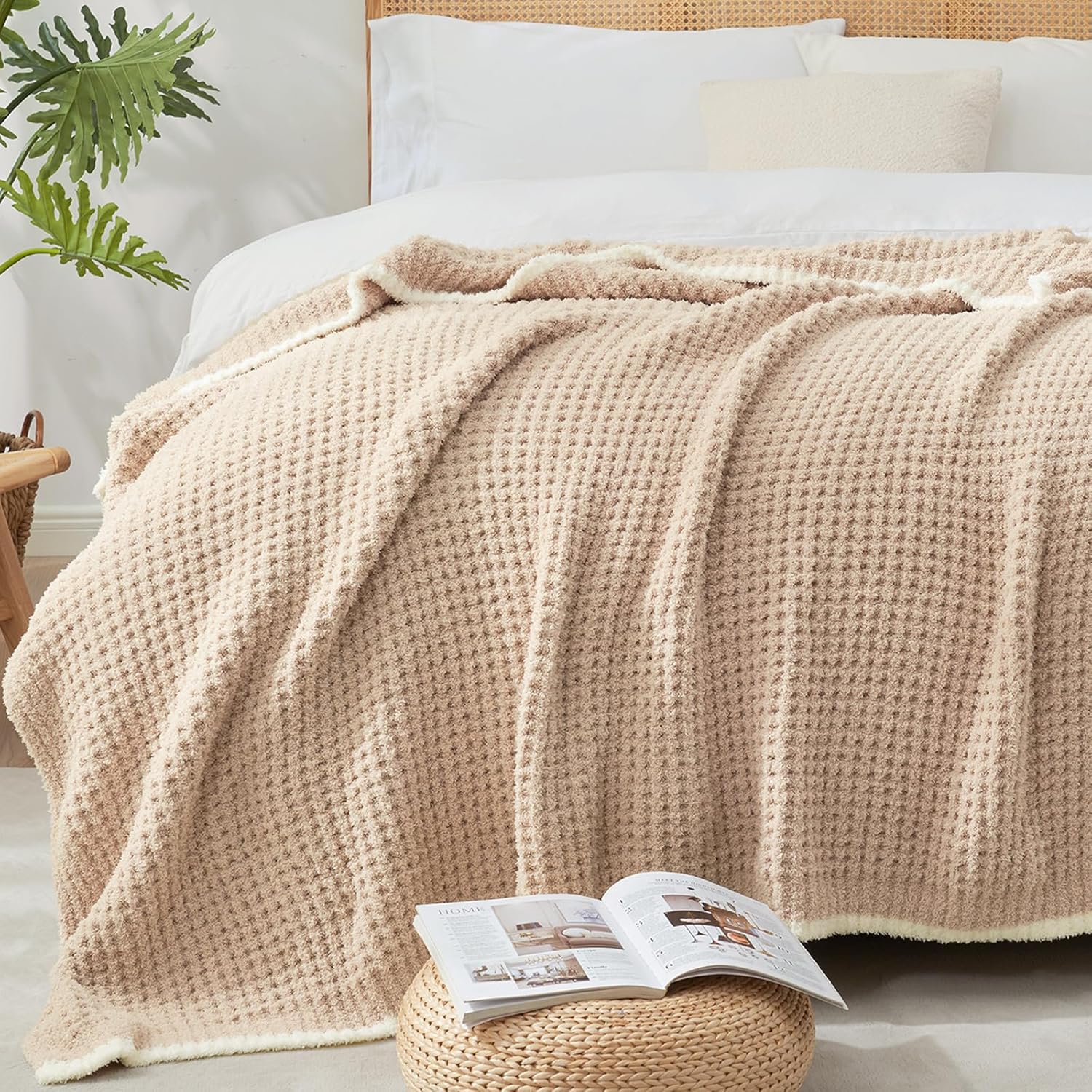 Snuggle Sac Beige Waffle Blanket for Couch Bed Sofa 60x80 inches, Reversible Soft Throw Microfiber Fluffy Fuzzy Cozy Knit Twin Blanket for Women Mothers Birthday Gifts - Image 5