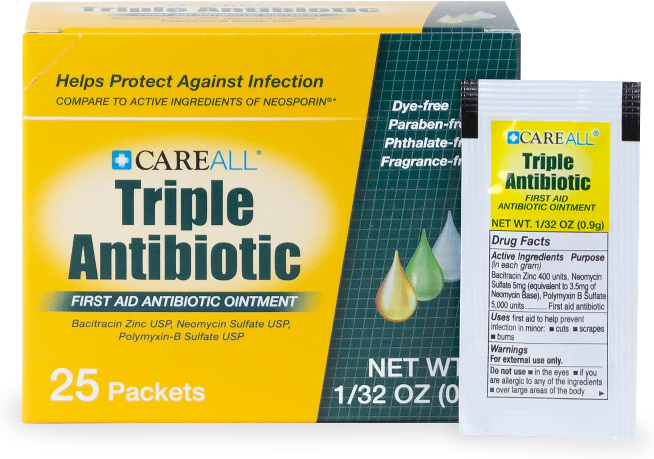 CareAll Triple Antibiotic Ointment (25 Pack), 0.9gr Foil Packet. First Aid Ointment That Prevents Infection in Minor Scrapes, Cuts, and Burns