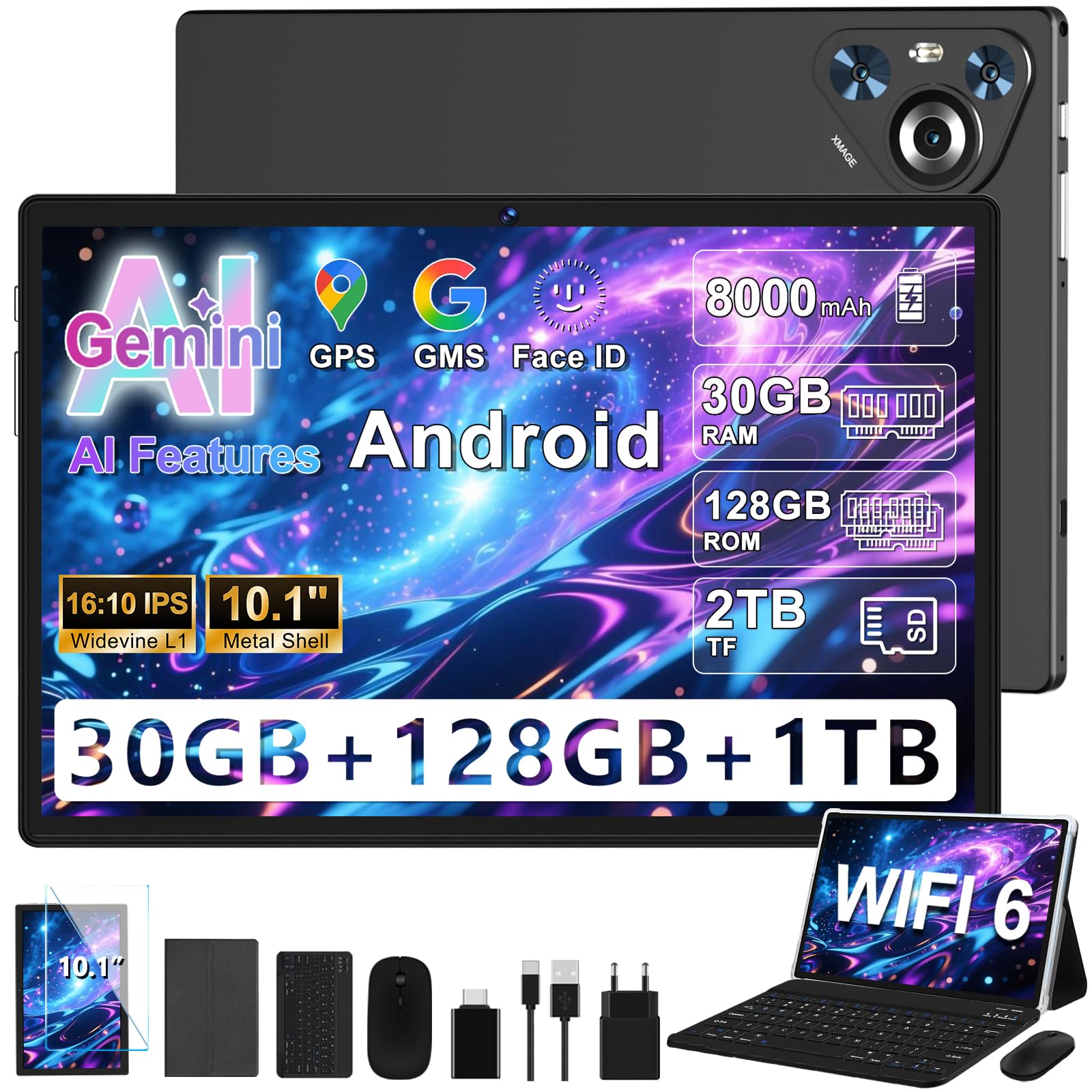 Tablet Android 15, 10 Pollici IPS HD Schermo, 8000mAh, [30GB RAM+128GB ROM] 1TB Espandibile, 8-Core, 5MP+8MP, Corpo in Metallo, Face ID, Widevine L1 - Mouse, Tastiera, Custodia Protettivae-Nero