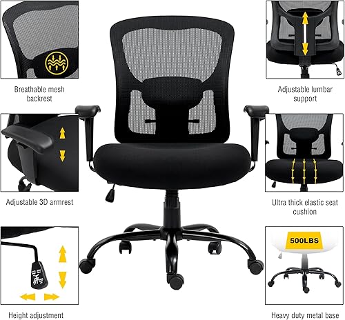 Miniatura 15 de Bigroof Silla de oficina en casa, silla de escritorio ergonómica de malla de 400 libras con brazos de apoyo lumbar ajustables, respaldo alto,