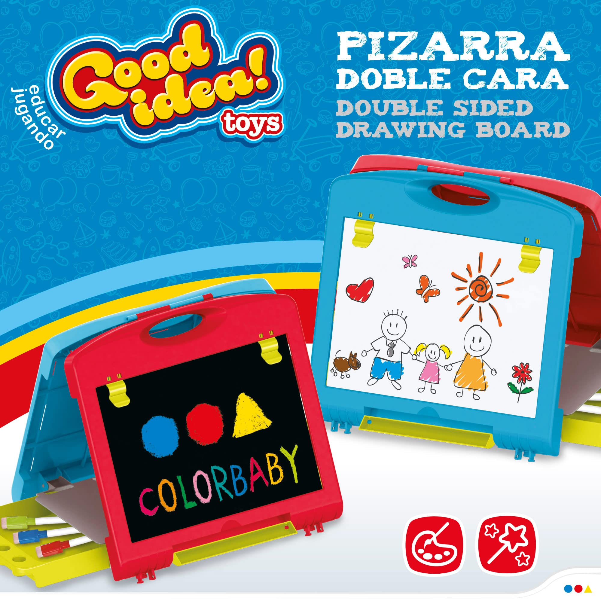 COLORBABY - Pizarra Infantil 2 en 1 portátil de sobremesa, Pizarra tiza y rotulador, magnética, Medidas 33x32x54, Juguete para niños y niñas (49593)