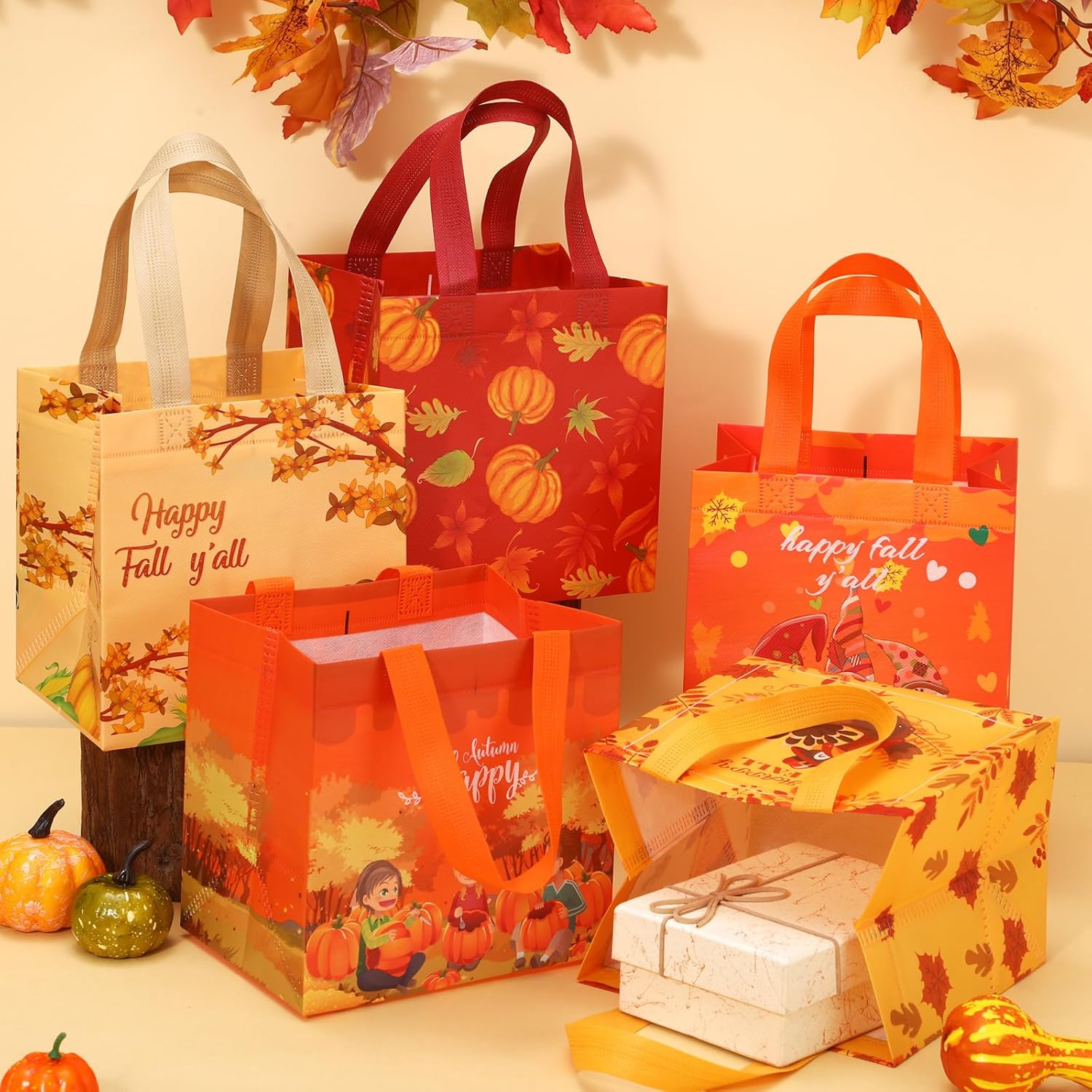Sanwuta 48 Pcs Fall Thanksgiving Non Woven Tote Bags with Handles, Waterproof Autumn Goodie Pumpkin Tote, Thanksgiving Party Favor - Image 2
