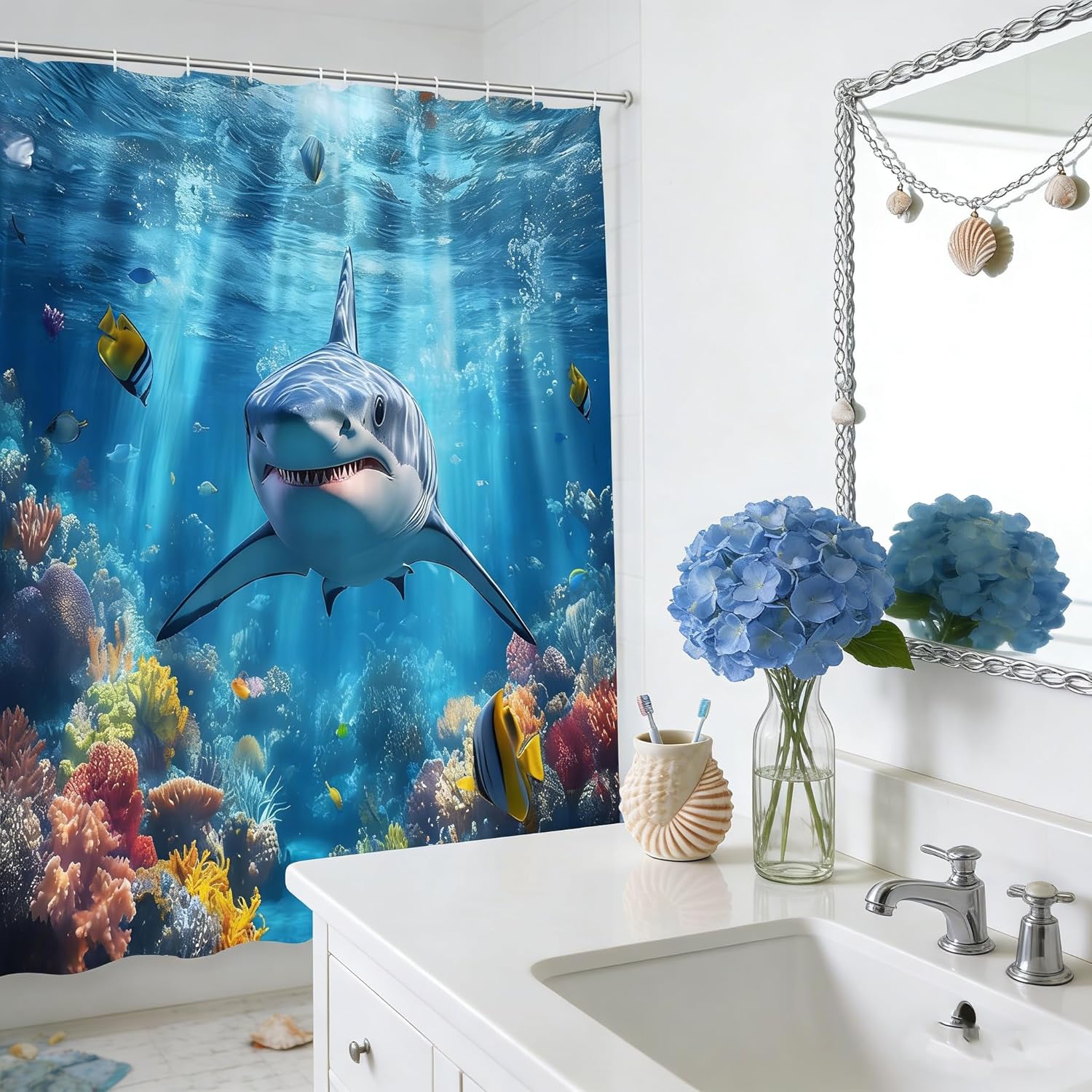 Shark Shower Curtain 3D Sea Wild Animal Ocean Sea Underwater World Fish Blue Wave Fantasy Marine Bathroom Decor Curtains 94x70 inch with Hook