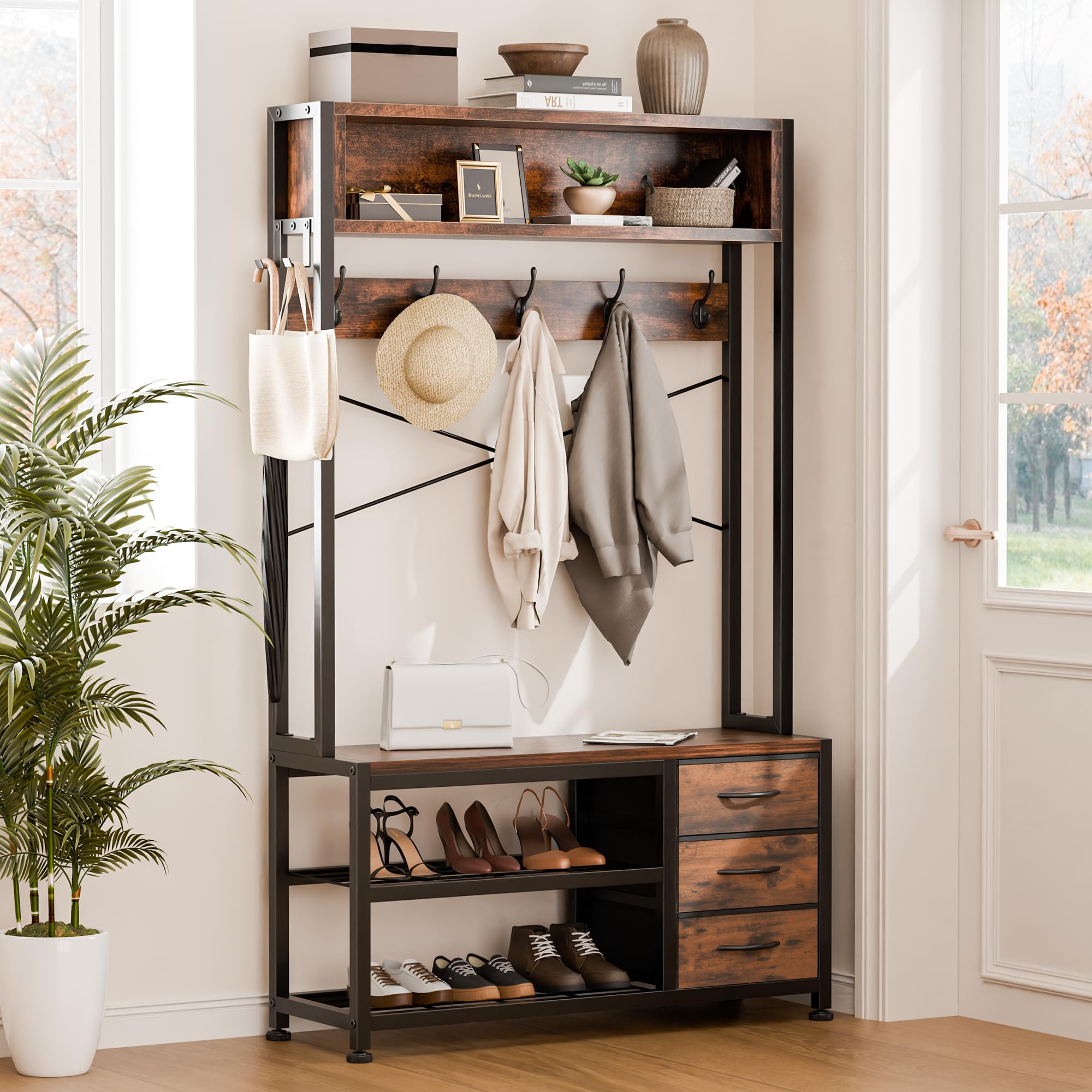 Garderobenständer mit Schuhablage, Garderobe mit Sitzbank, 12 Haken, 3 Schubladen und 1 Ablagefläche, Metallrahmen, 30 x 80 x 180 cm, für Flur Eingänge (Rustikal Braun)