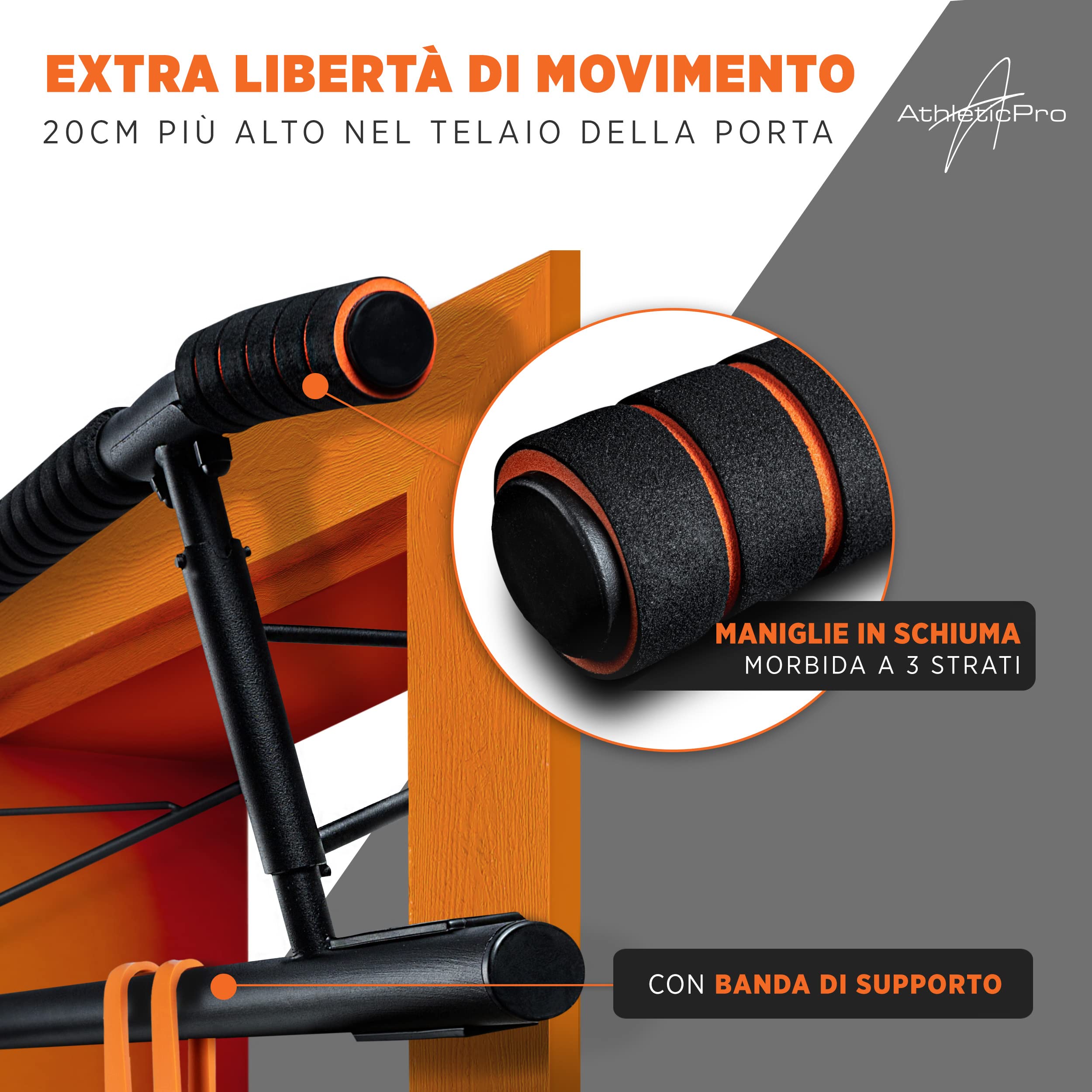 AthleticPro Barra per trazioni per telaio della porta senza foratura, da appendere, stabile barra per trazioni fino a 90 cm di larghezza, per trazioni, dip e flessioni, con fascia per trazioni