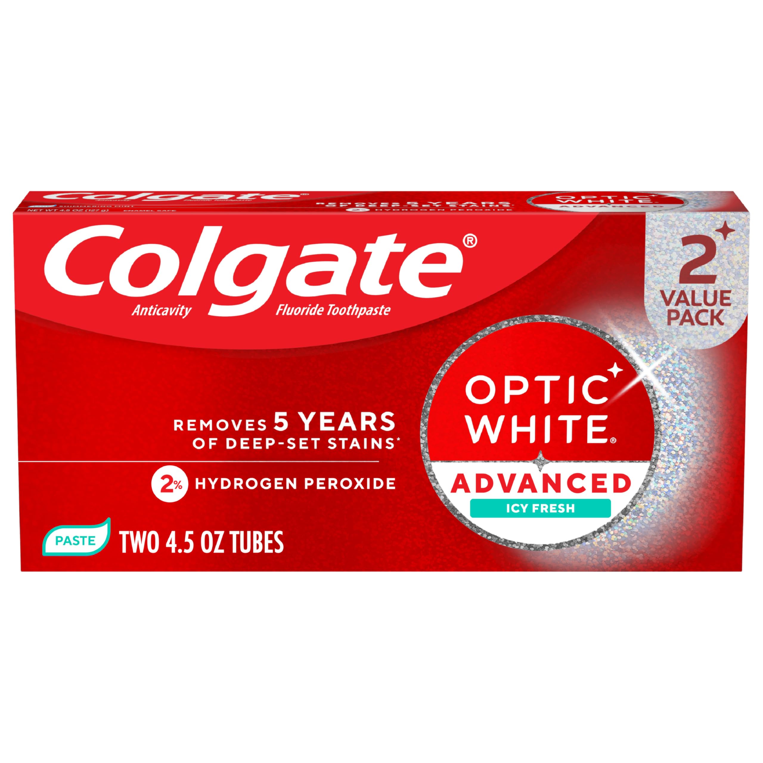 Optic White Advanced ICY Fresh Toothpaste with 2% Hydrogen Peroxide and Fluoride, 2 Pack, Peppermint and Wintergreen Flavor, Teeth Whitening Toothpaste with Enamel Safe Formula, 4.5 OZ