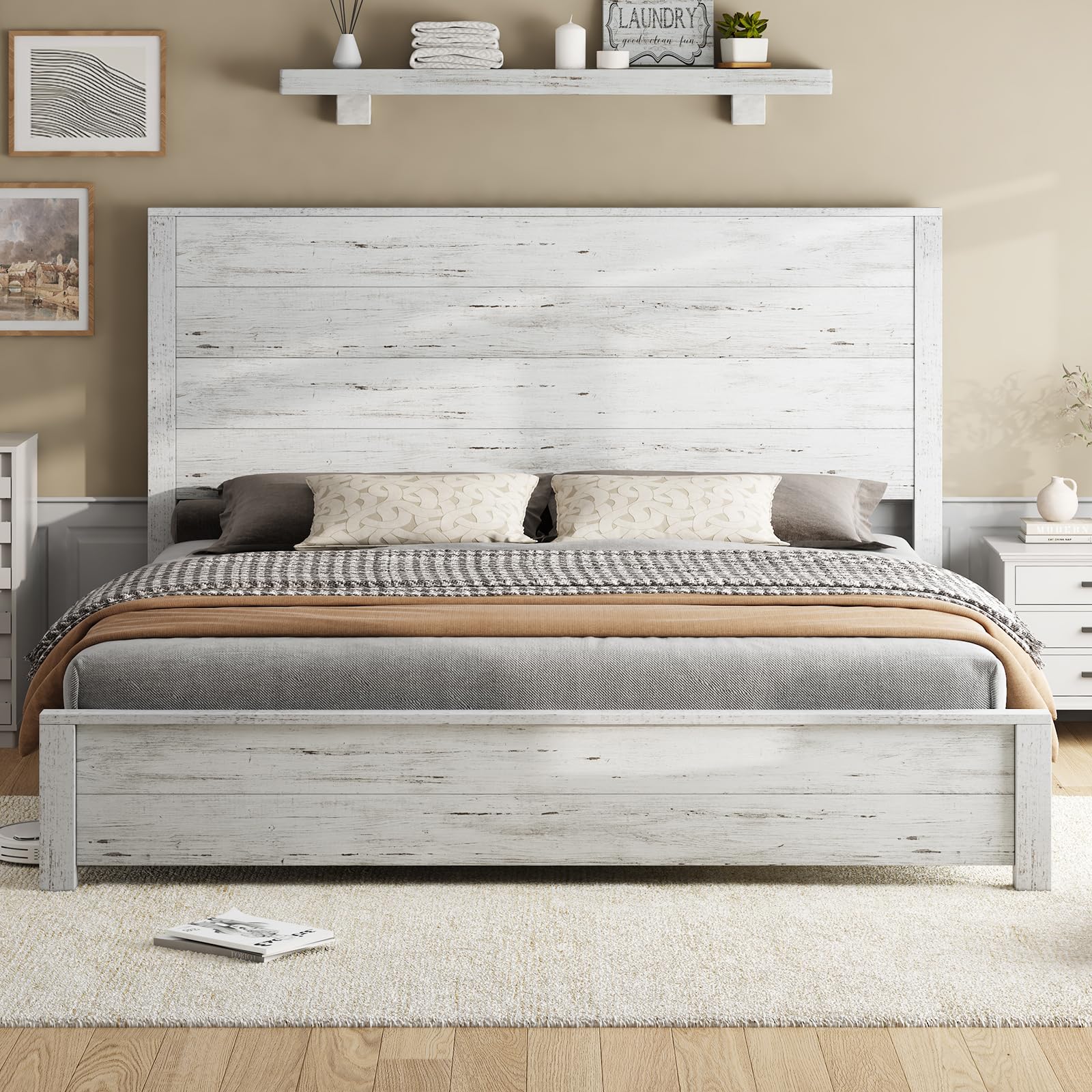 king size wood bed frame, rustic 51.2" platform bed with spliced headboard, wood slats support/noiseless/no box spring needed, antique white