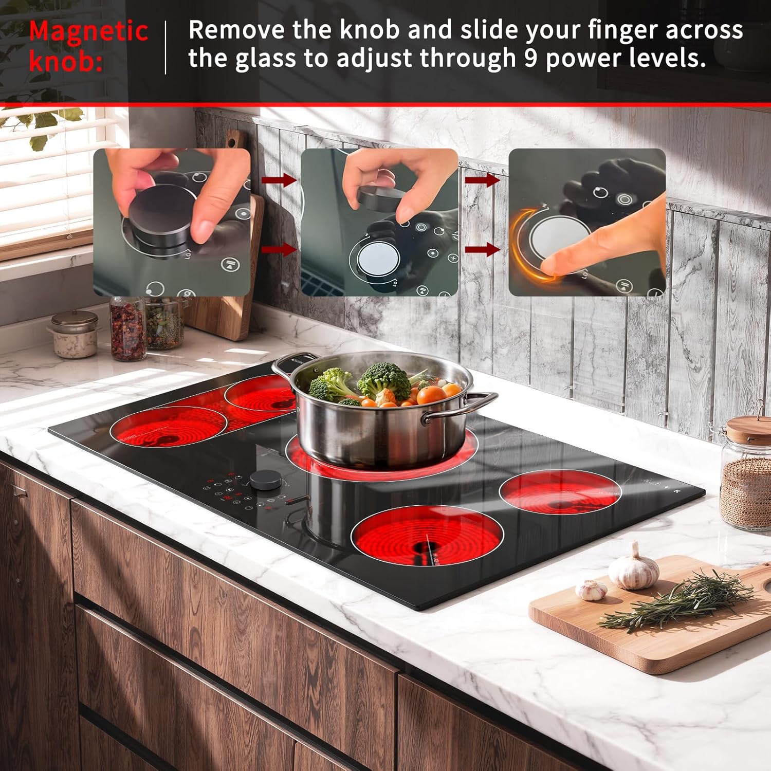 Karinear 36 Inch Electric Cooktop with Magnetic Knob, Bridge BBQ, 5 Burner Radiant Stove Top, 9600W 240V Built-in Hob, 9 Heat Levels, 99-Min Timer, Child Lock, Pause