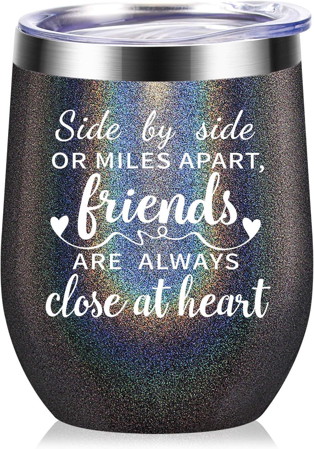 Side By Side or Miles Apart, Friends Are Always Close at Heart - Best Friend Birthday Gifts for Women - Long Distance Friendship Gifts for Soul Sisters, BFF, Besties - 12 oz Wine Tumbler - Black