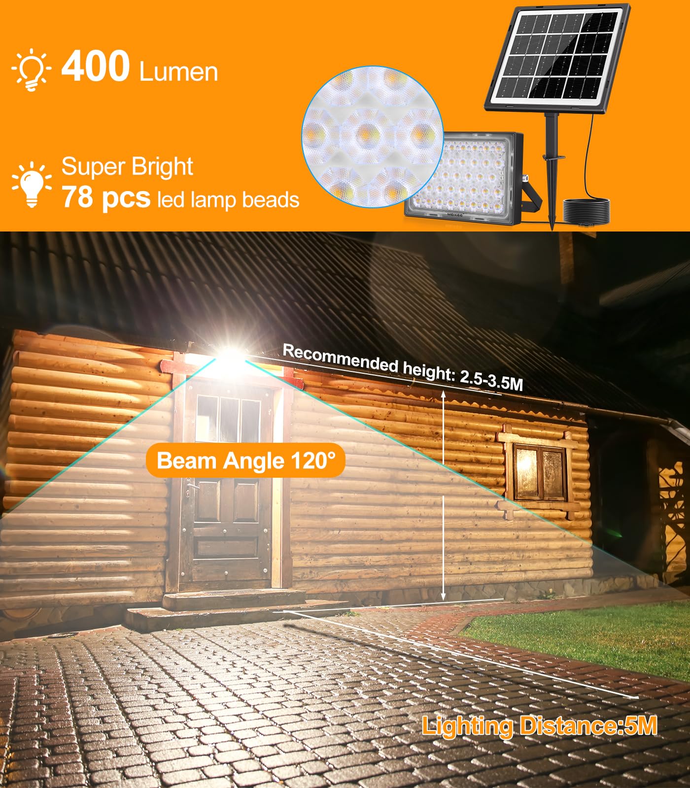 MEIKEE Zewnętrzny reflektor solarny z 78 diodami LED, pilot zdalnego sterowania, 3 tryby świecenia, jasność i kolor, wodoszczelność IP66, do ogrodu, garażu, tarasu