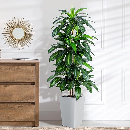 Artificial Dracaena Tree with White Tall Planter, 5ft Tall Potted Artificial Dracaena Silk Plant, Fake Yucca Tree Plant, Home Office Floor Room Decor Plants Indoor Outdoor, Housewarming Gift