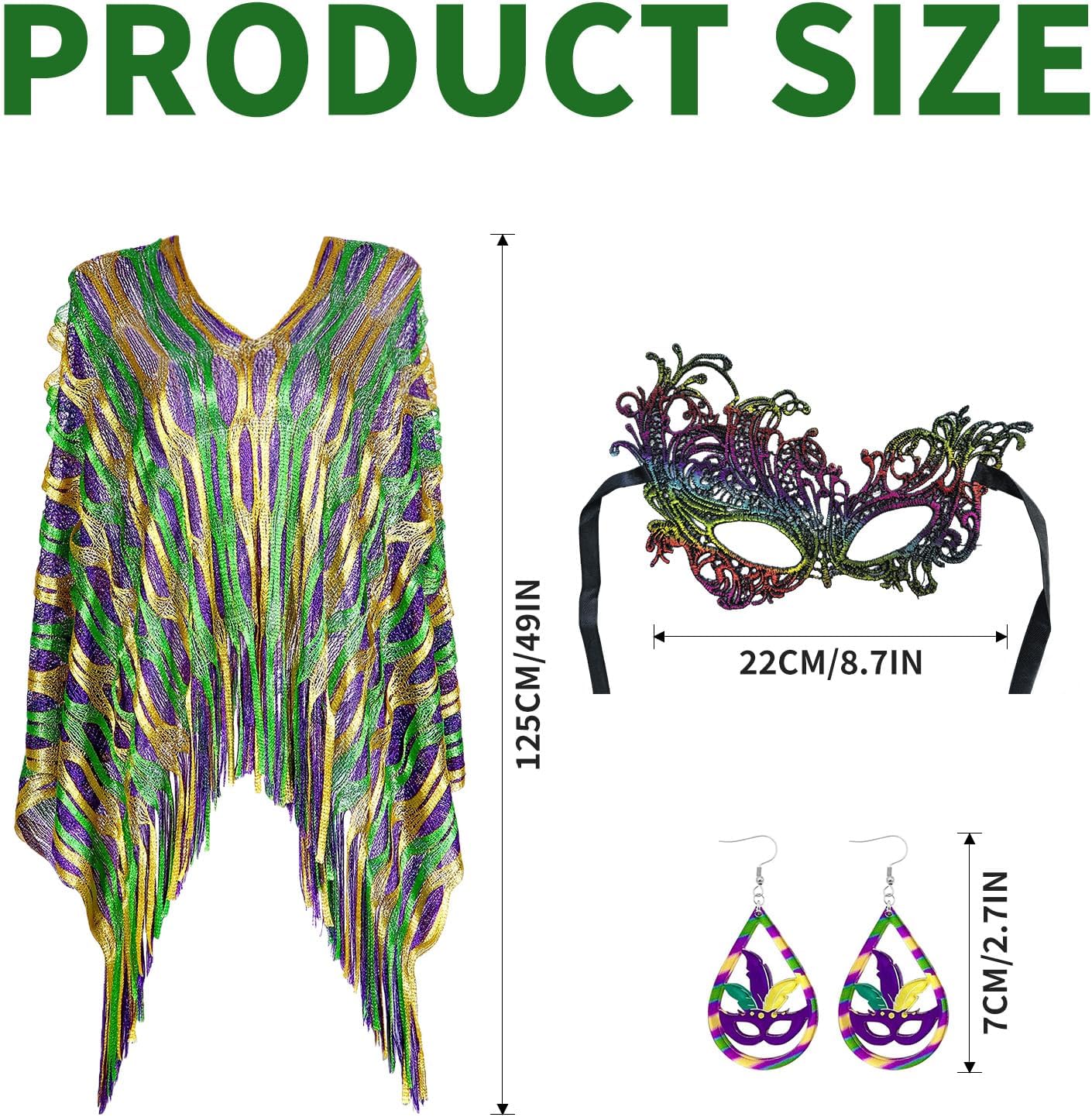 Mardi Gras Outfit for Women – Purple Green Gold Poncho Shawl Scarf with Matching Tassel Earrings and Mask, Lightweight Masquerade Cloak & Mardi Gras Accessories Set for Carnival Party Parade - Image 2
